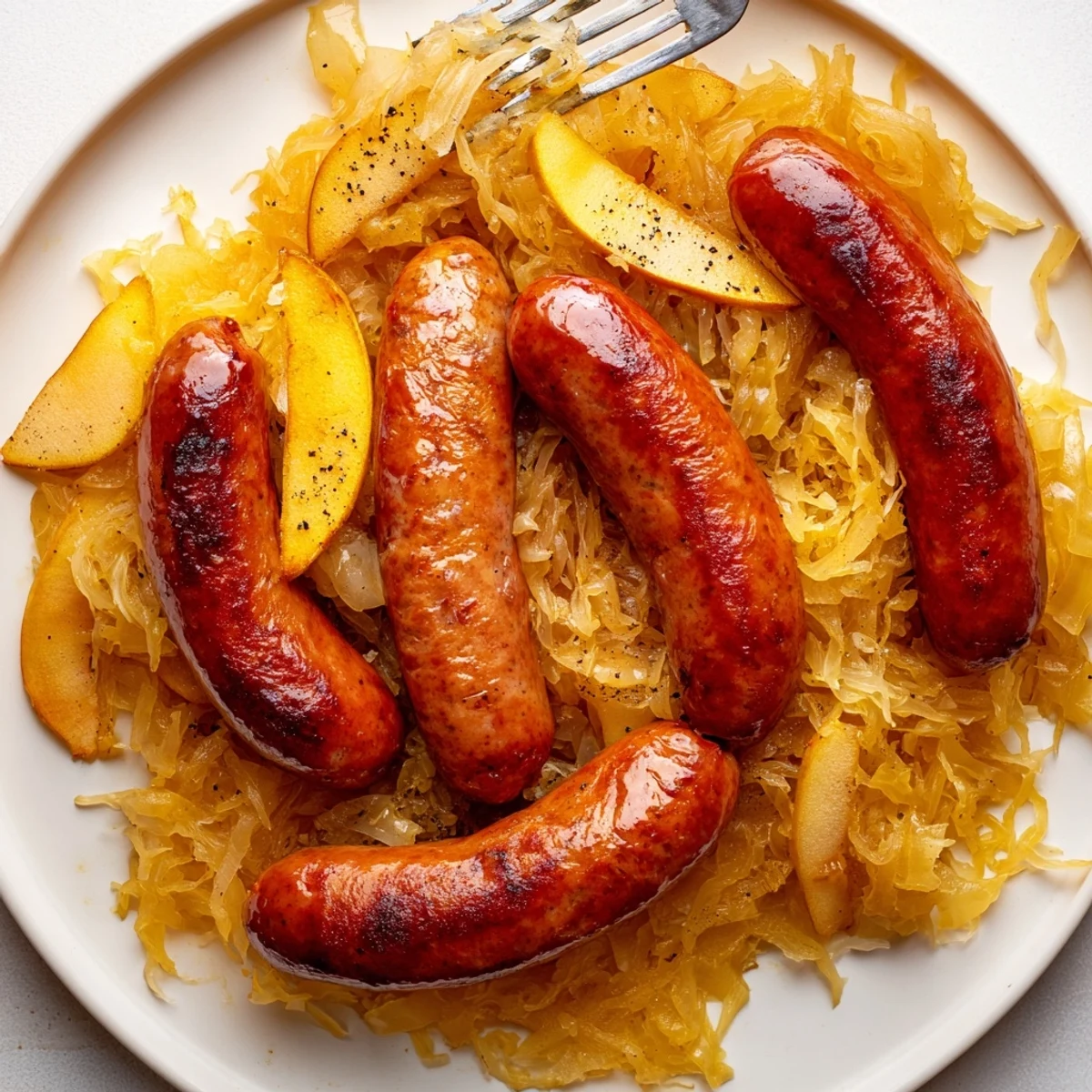 Zart gebratene bratwurst auf würzigem sauerkraut, ideal für ein herzhaftes Abendessen.