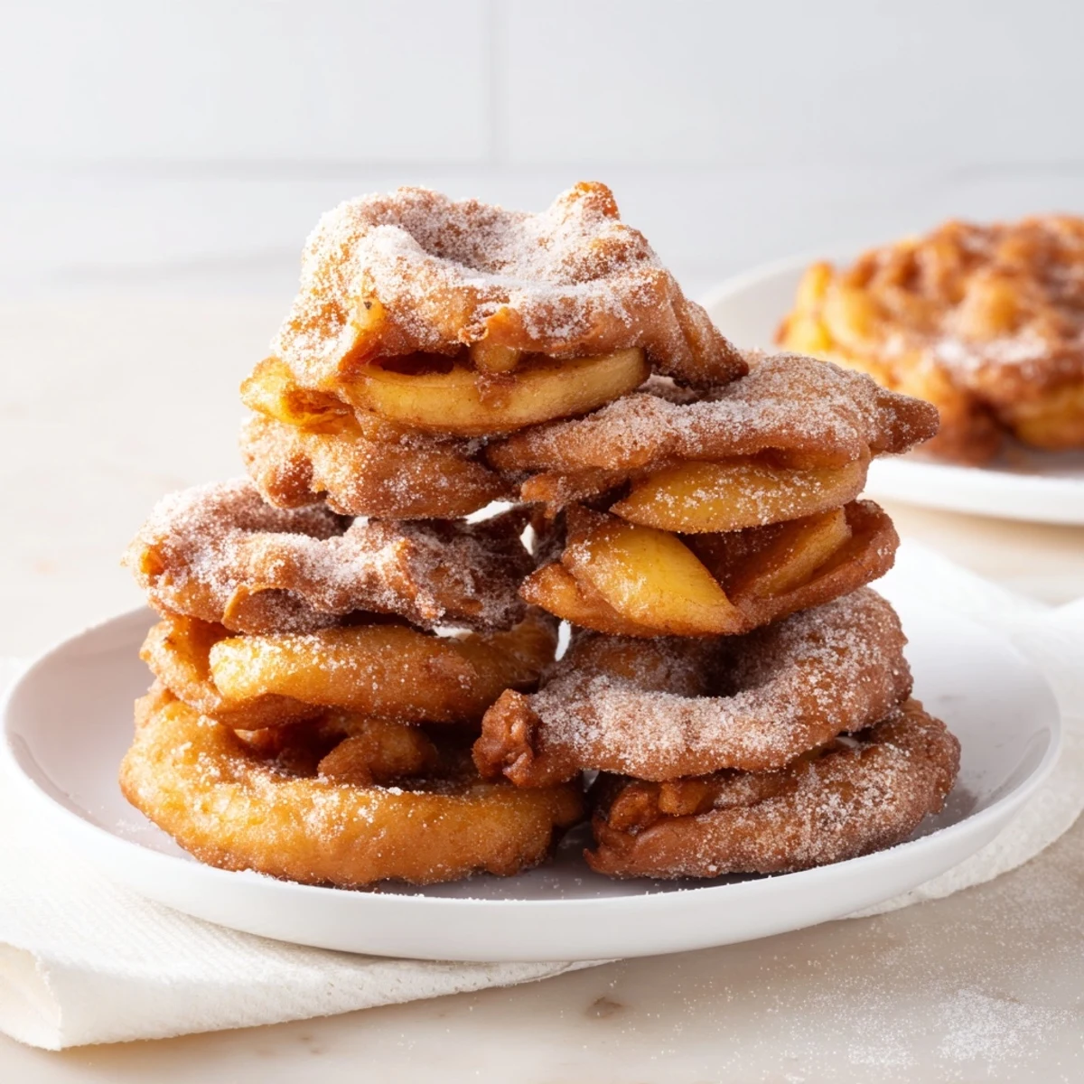 Zarte deutsche Apfelküchle in goldbrauner Panade, ideal für Desserts oder Frühstück.