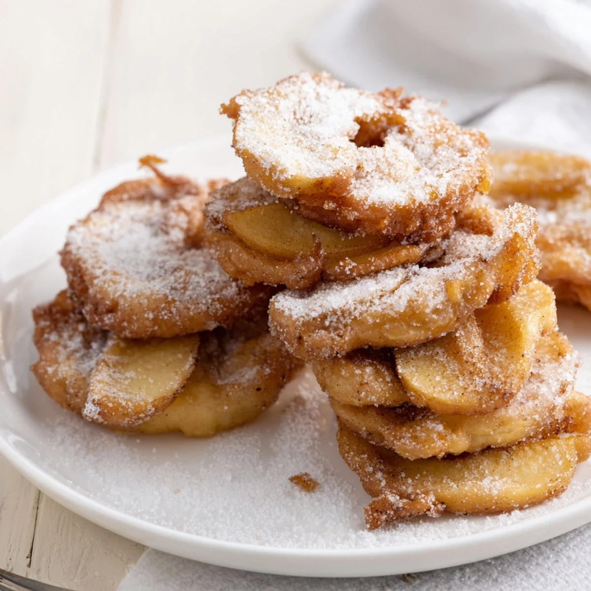 Traditionelle deutsche Apfelküchle mit Zimt-Zucker, perfekt frisch aus der Pfanne serviert.