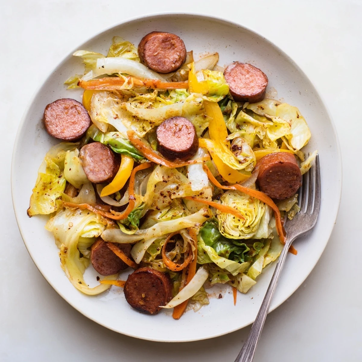 Schnelles Rezept für ein herzhaftes Kohl- und Wurstpfannengericht mit frischem Gemüse.