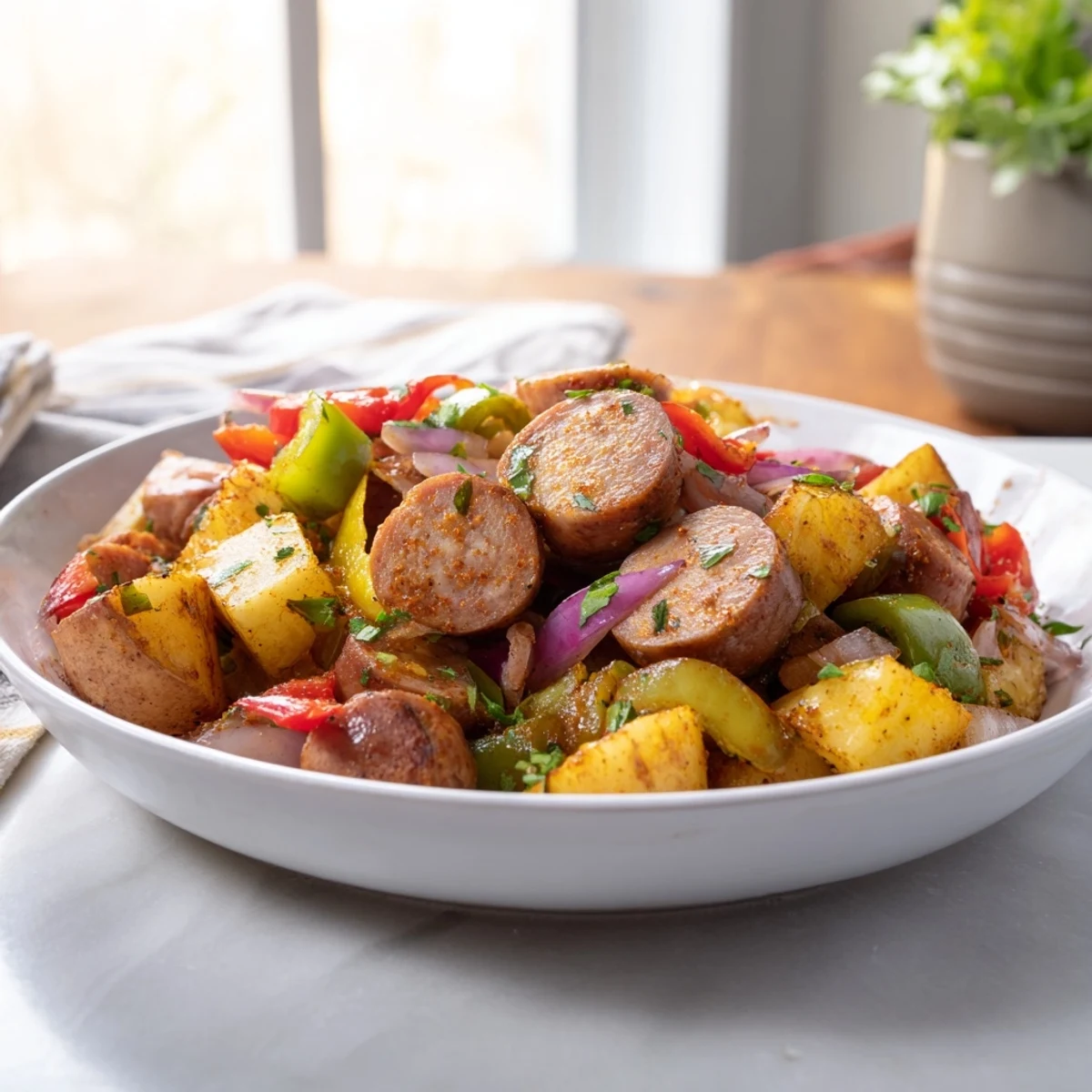 Herzhaftes Easy Sausage and Potato Skillet Gericht mit goldenen Kartoffeln und buntem Gemüse.