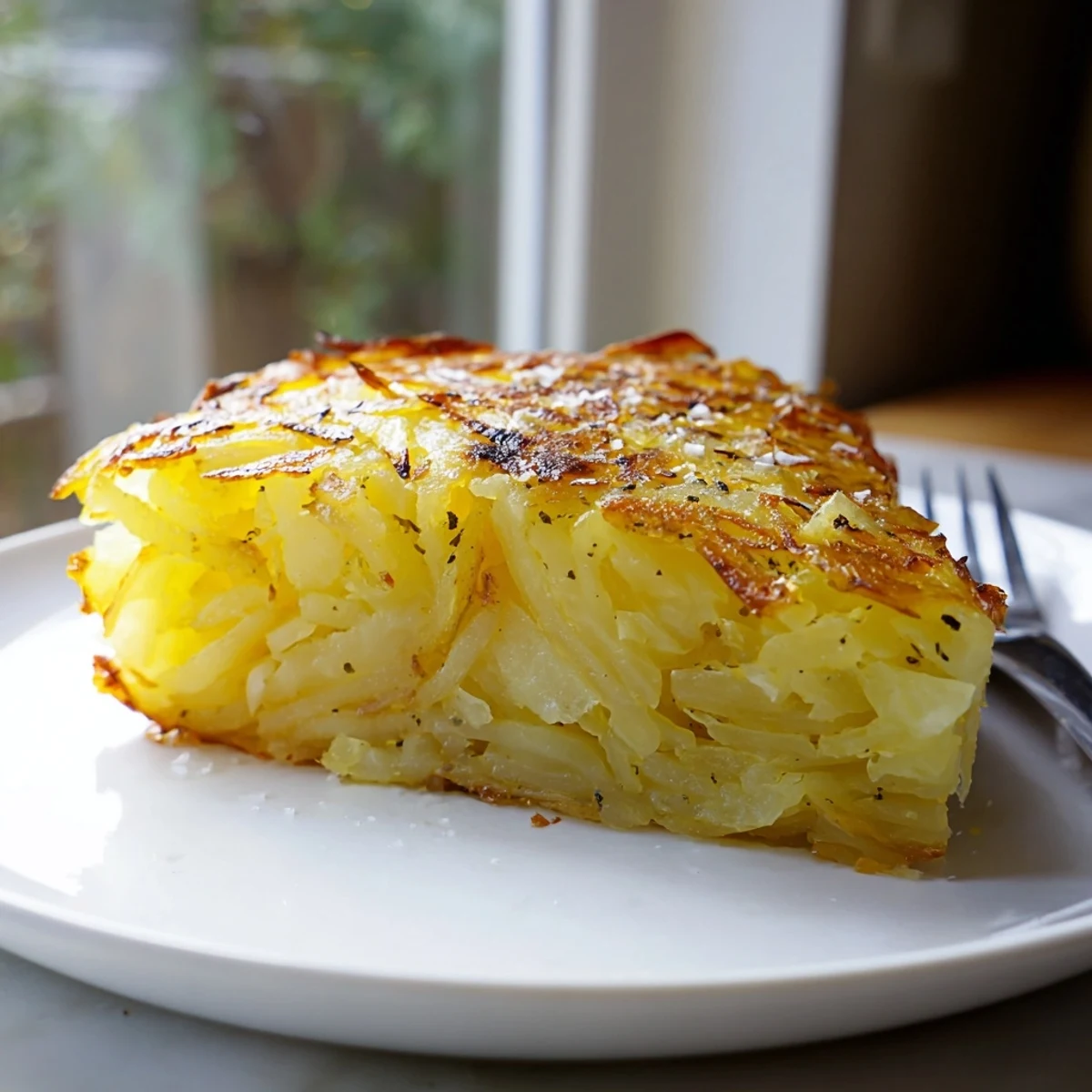 Savory potato rösti stacked high, enticingly crunchy, and drizzled with melted butter.
