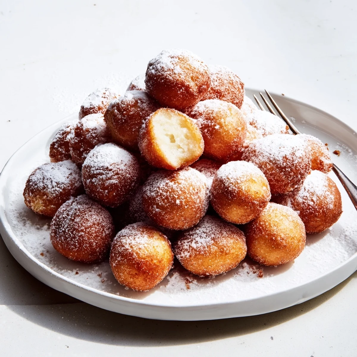 Zarte Quark-Donut Löcher, frisch frittiert und mit Puderzucker bestäubt.