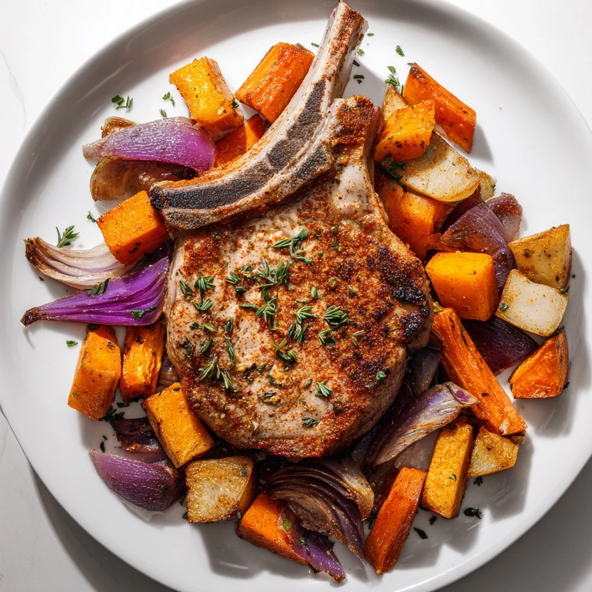 Golden-brown sheet pan pork chop and root veggies ready for a delicious American dinner.