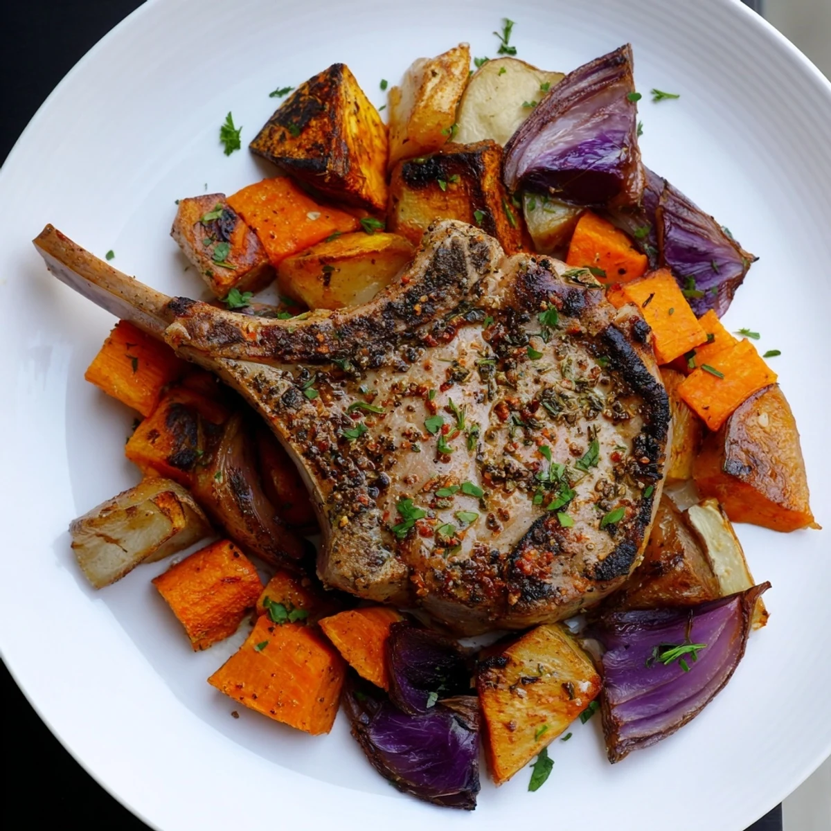 Juicy sheet pan pork chop with roasted vegetables, a flavorful and easy one-pan meal.