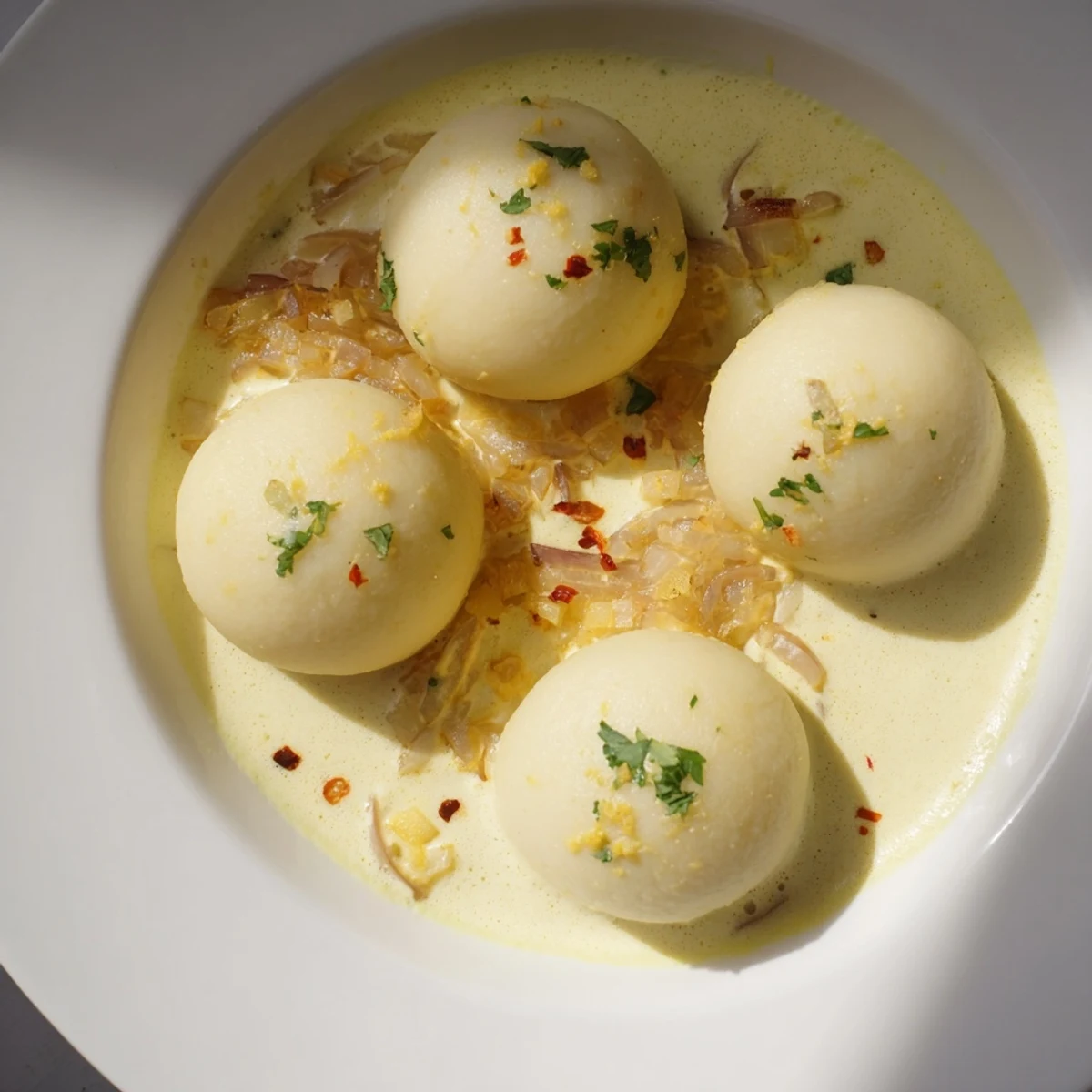 Fluffy Curry Comfort Potato Dumplings swimming in rich, creamy coconut curry sauce, ready to savor.