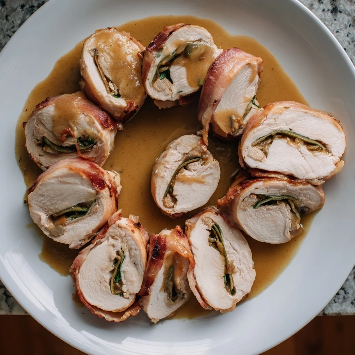 Tender, golden-brown Quick Chicken Rouladen Rolls, sliced and served with a creamy gravy on a plate.