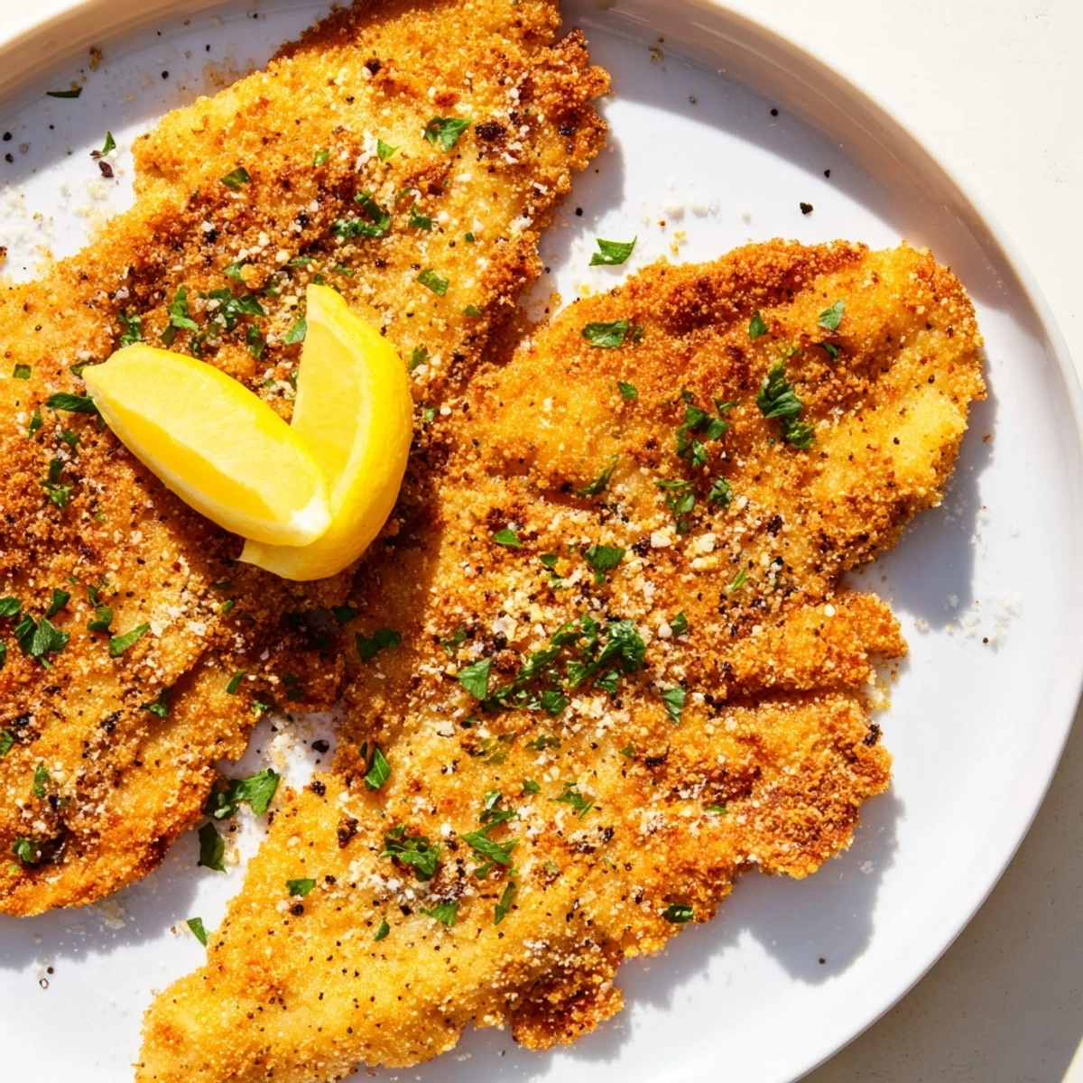 Golden-brown Air Fryer Wiener Schnitzel, perfectly crispy and ready with lemon wedges for serving.