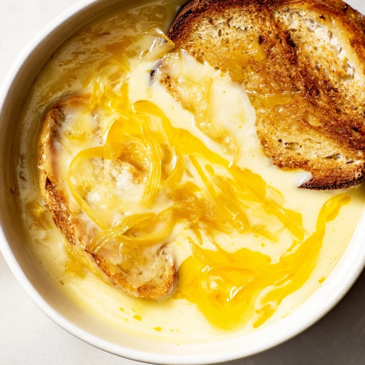 A steamy bowl of German Cheese and Onion Beer Soup, garnished with toasted bread for a cozy dinner.