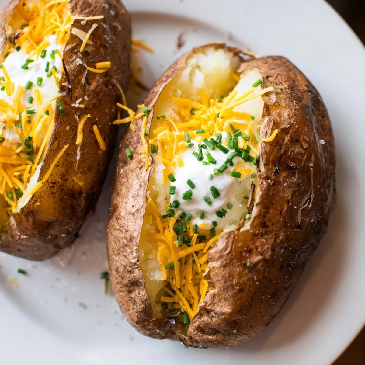 Golden-browned The Ultimate Baked Potato, fluffy inside, served with classic toppings for dinner.