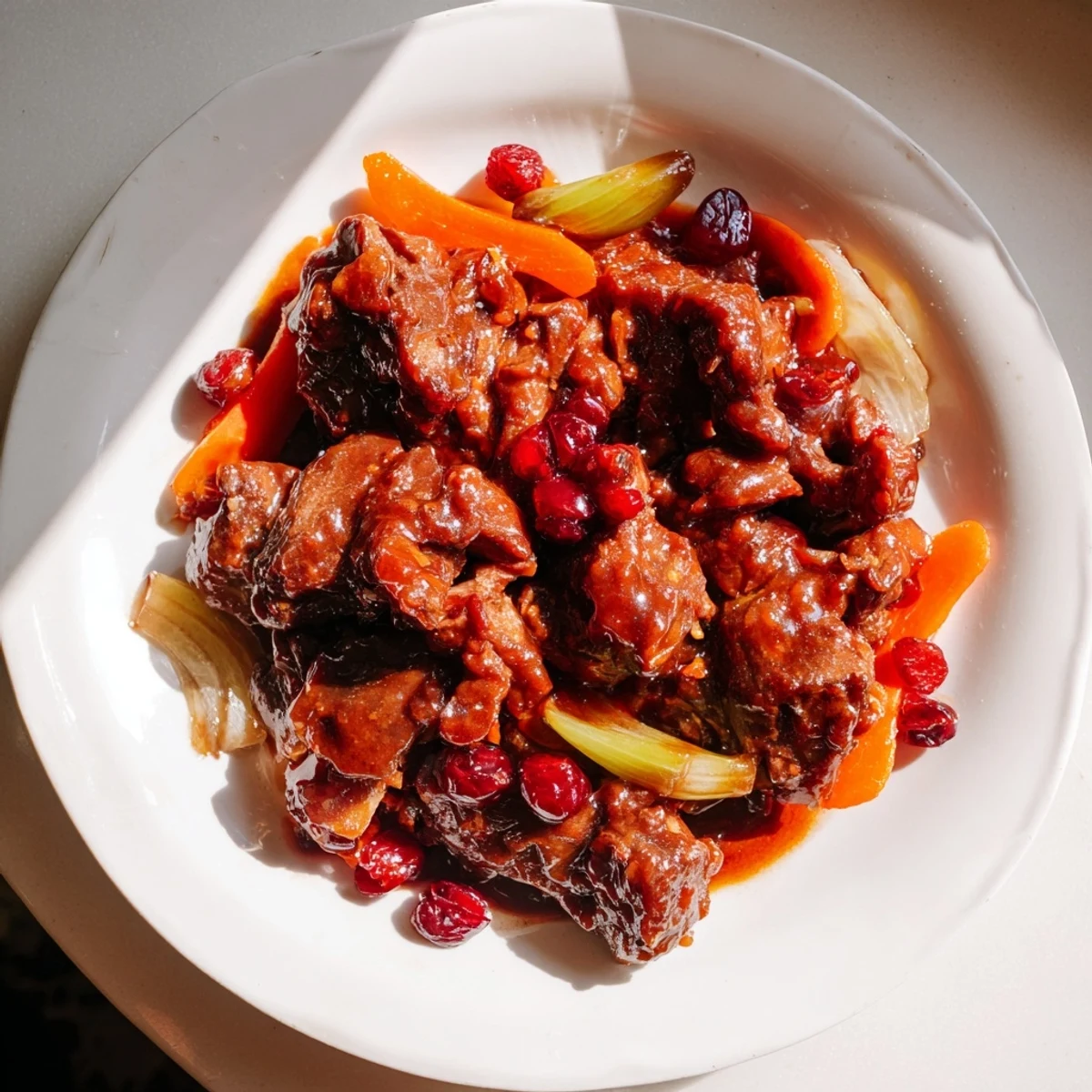 Tender chunks of Sweet and Sour Sauerbraten Hack simmering in a rich, flavorful sauce, ready to serve.