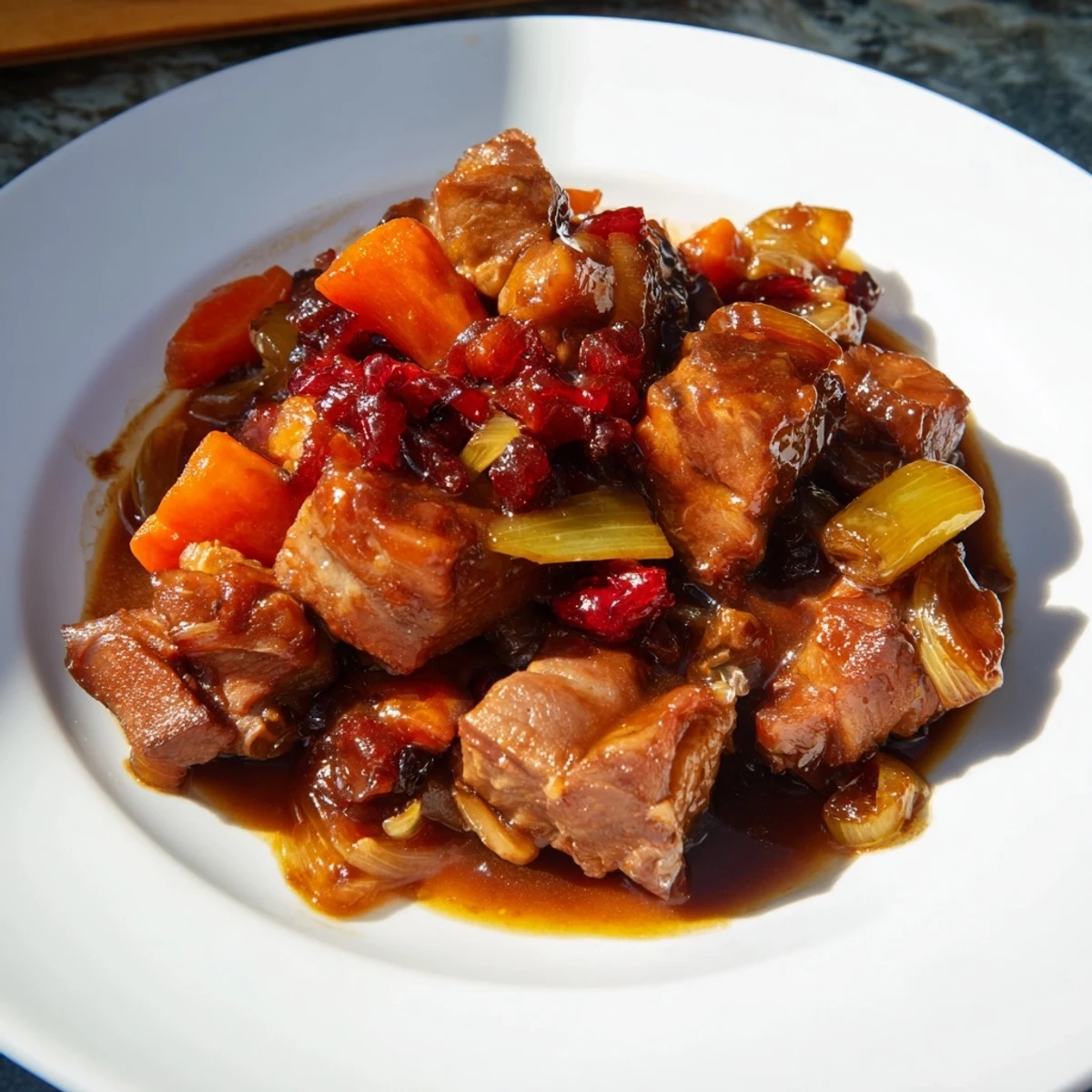 A close-up of a delicious Sweet and Sour Sauerbraten Hack, perfect for a comforting German-style meal.