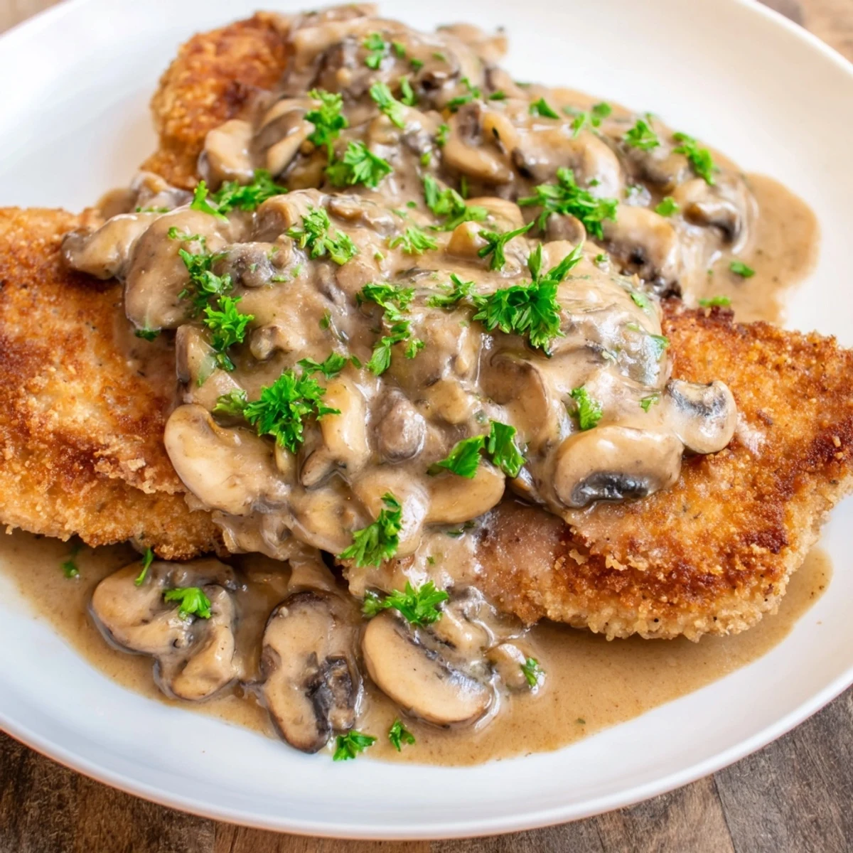 Homemade Jaeger Schnitzel with creamy mushroom gravy, a classic German comfort food dish.