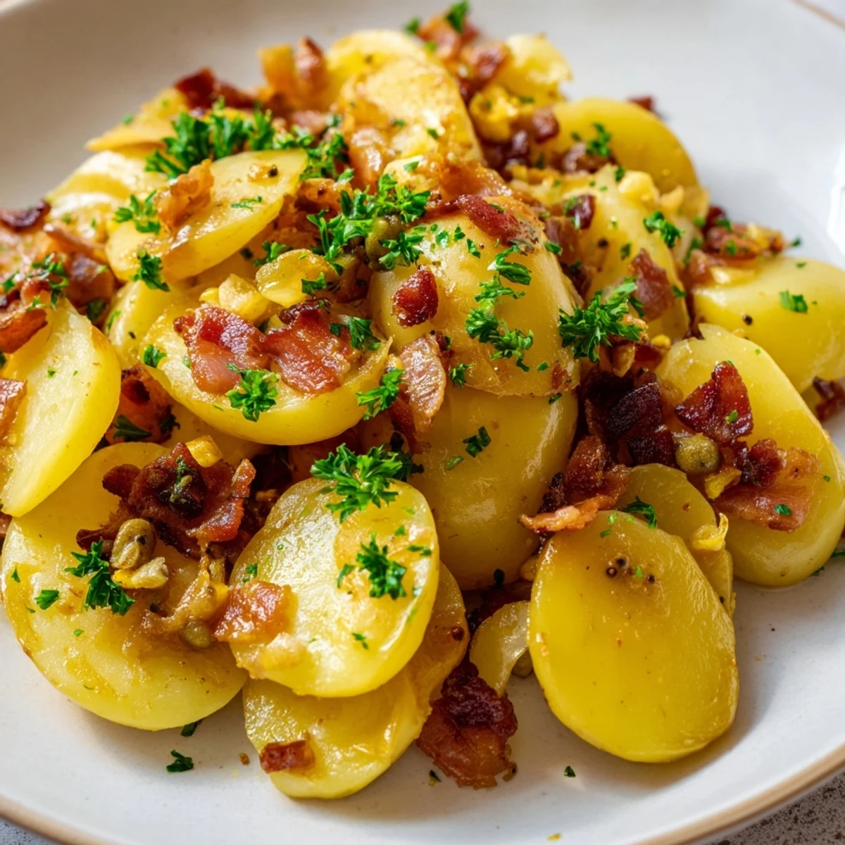 Warm German potato salad: Tender potato slices glistening in a tangy bacon vinaigrette, ready to serve warm.