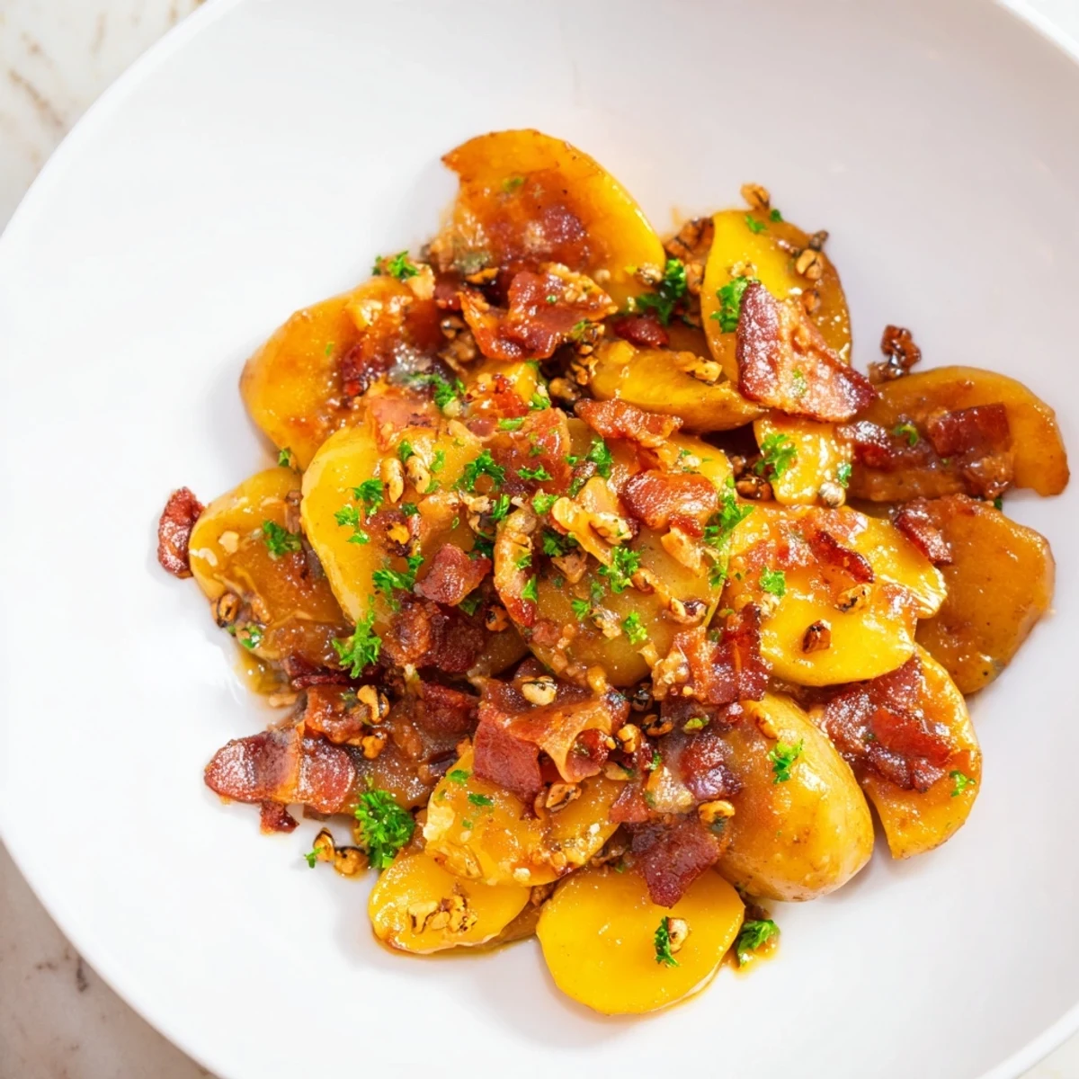 A close-up of warm German potato salad, garnished with fresh parsley and crispy bacon bits.