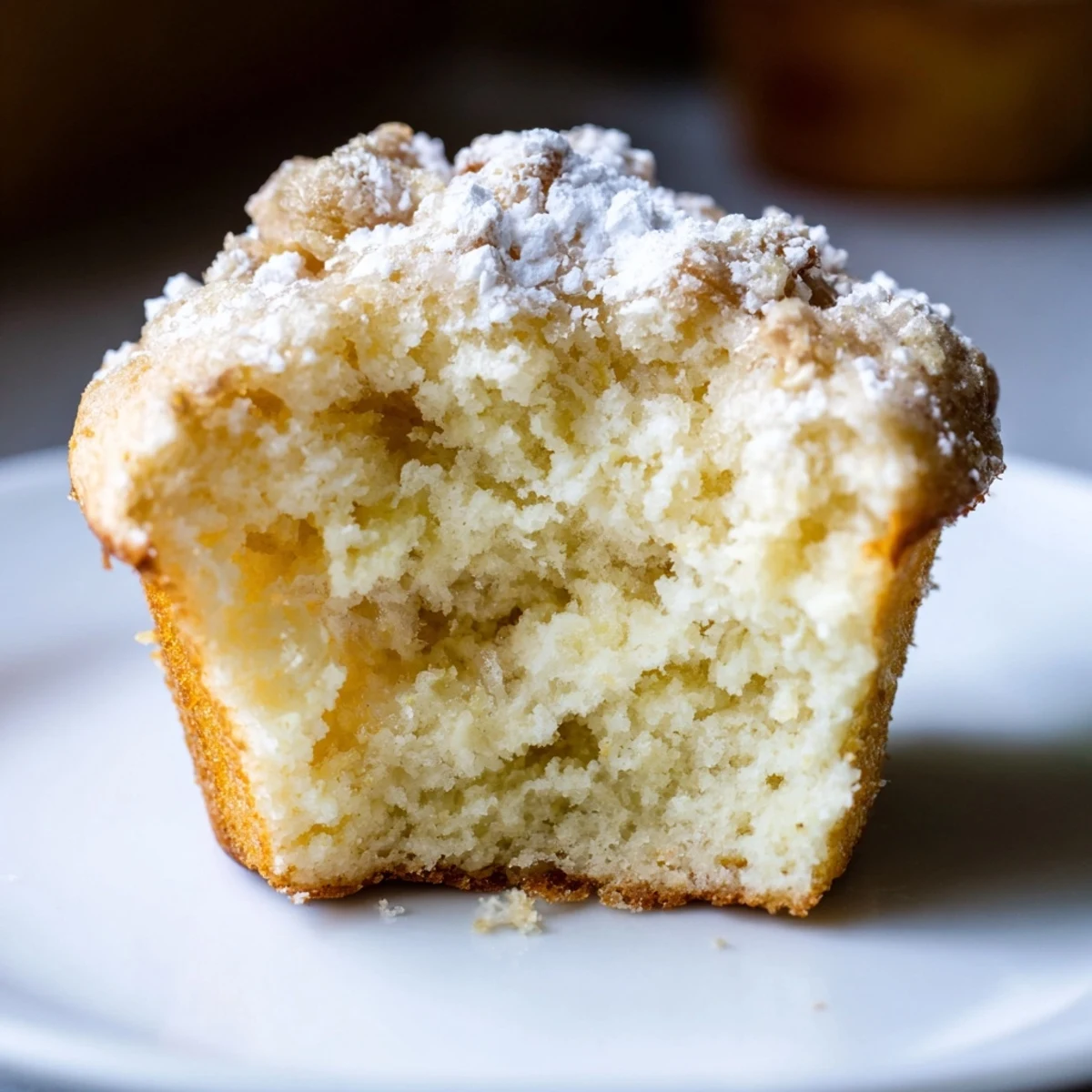 Freshly baked Quark Muffins, with a light and airy texture, dusted with powdered sugar, ready to eat.