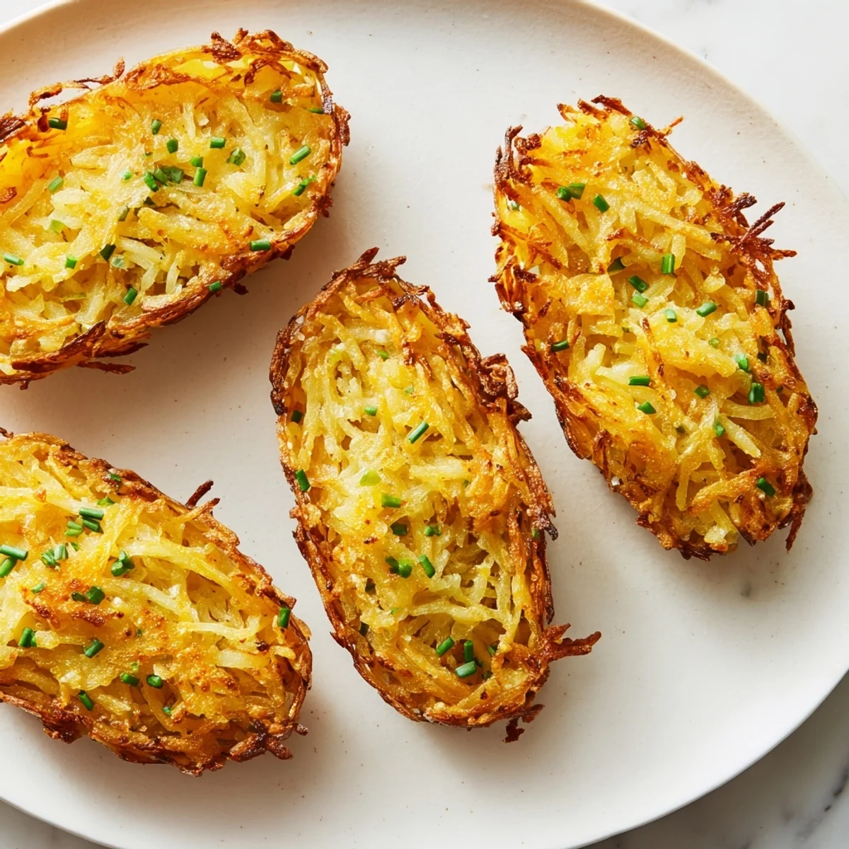 Delicious Crispy Potato Rösti Boats baked to a golden perfection, ideal as a flavorful brunch or appetizer.