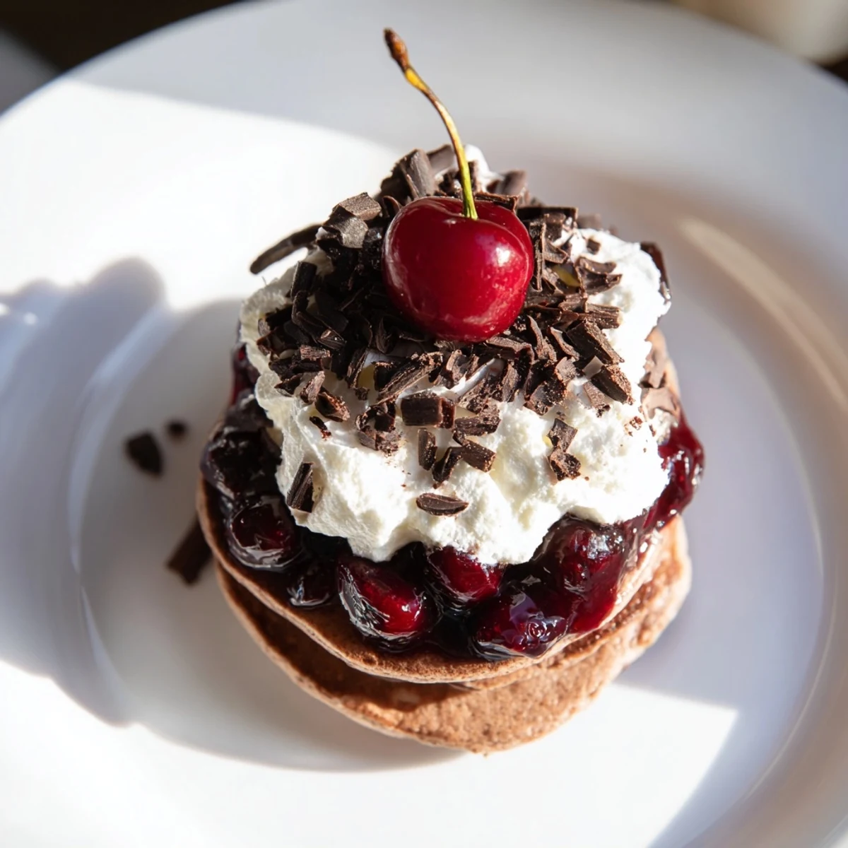 Fluffy Black Forest Pancake Minis stacked high with cherry compote, a delightful brunch or dessert.