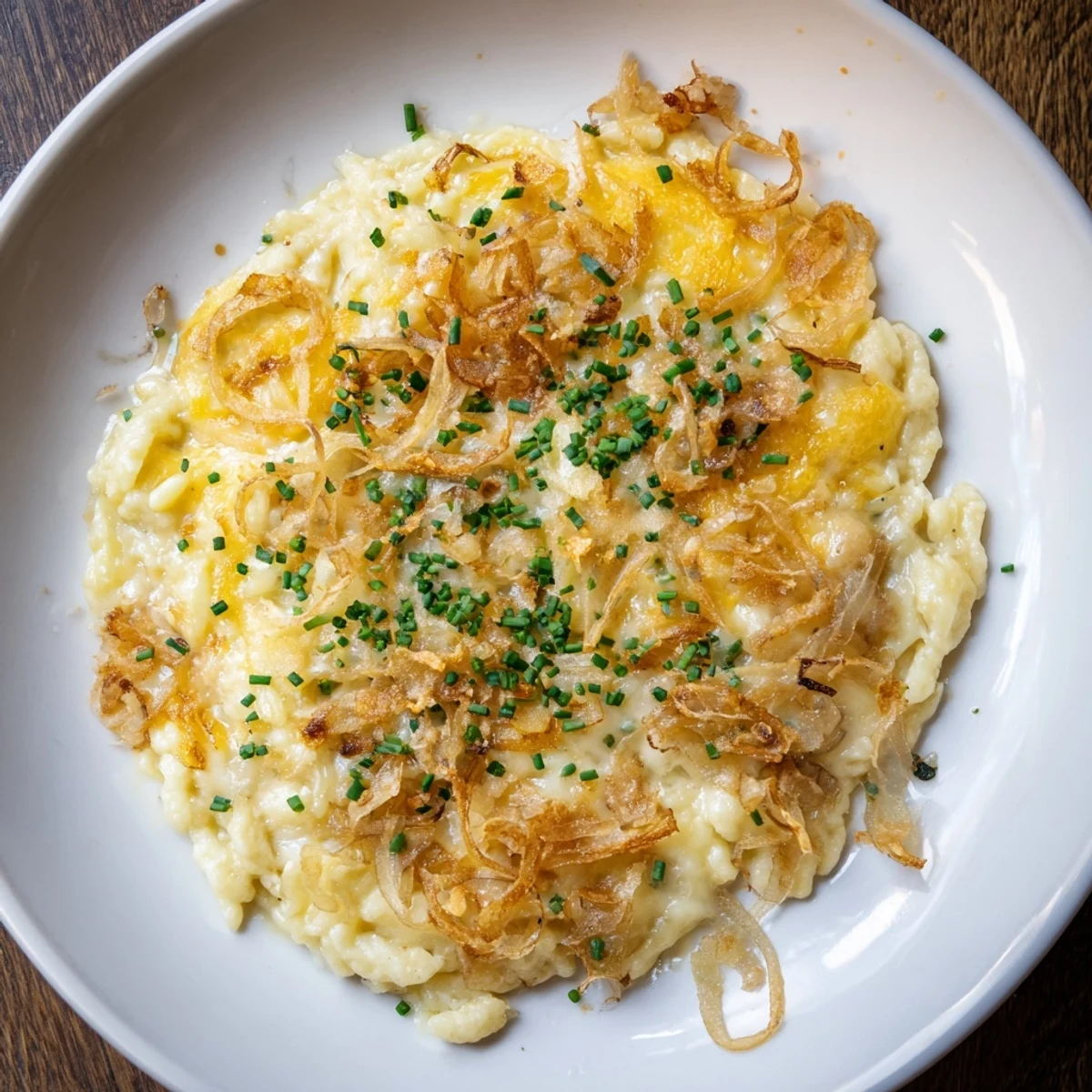 Golden, bubbling Cheesy Spaetzle Skillet, a vegetarian German main dish, ready to serve.