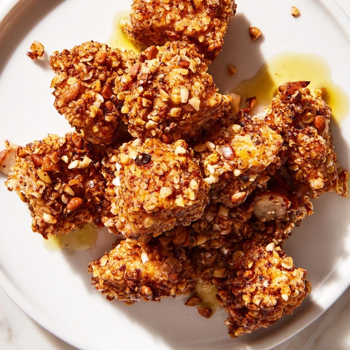 Close-up image of pretzel crusted chicken bites, showing the crunchy, golden-brown pretzel coating.