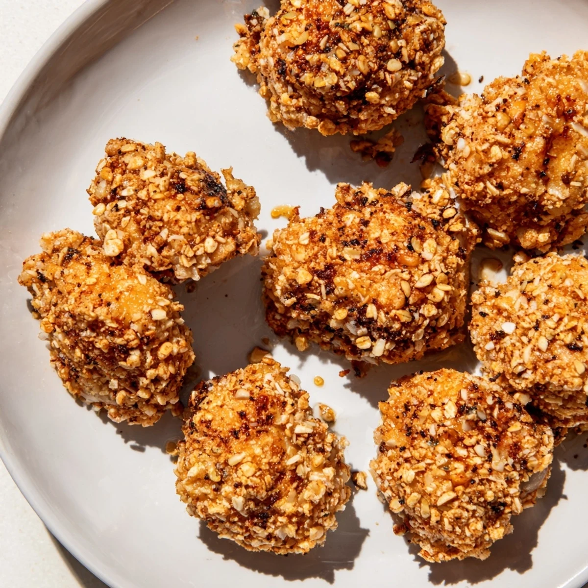 Freshly baked pretzel crusted chicken bites, perfect for sharing with your favorite dipping sauces.