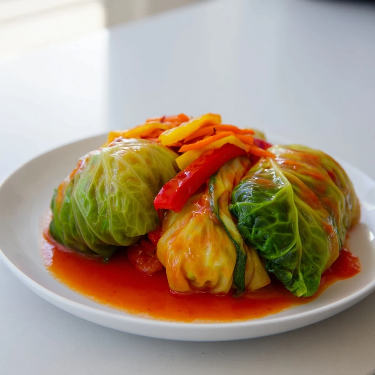 Steaming plate of Rainbow Sauerkraut Rolls, showcasing tender cabbage-wrapped rolls in a tangy sauce.