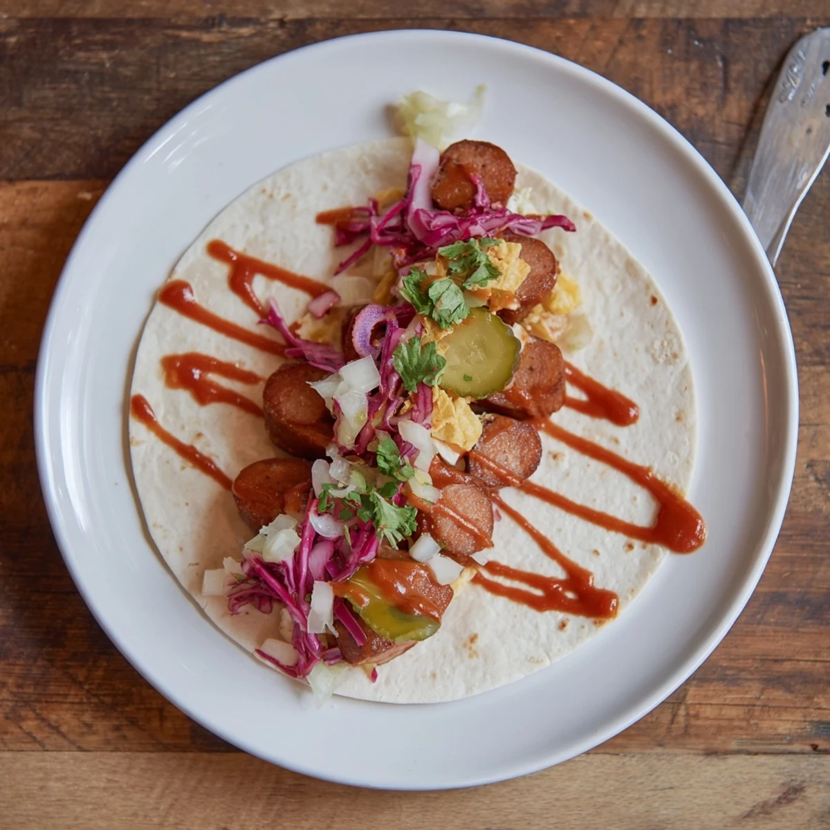 Image shows the delicious layers of Berlin Currywurst Tacos—a flavorful fusion on a plate.