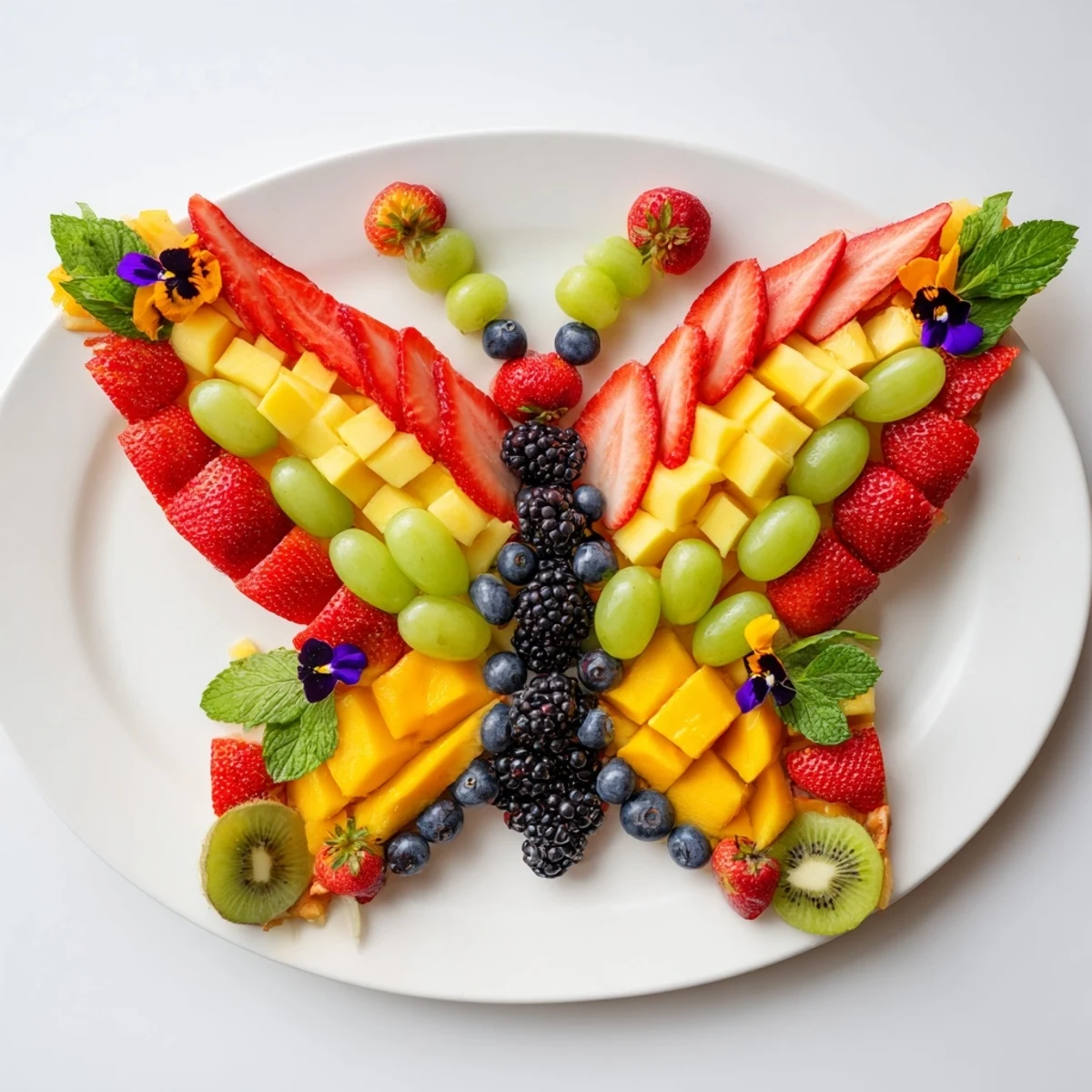 Ein farbenfrohes Butterfly Bloom Fruit Board mit frischen Früchten, perfekt für Partys.