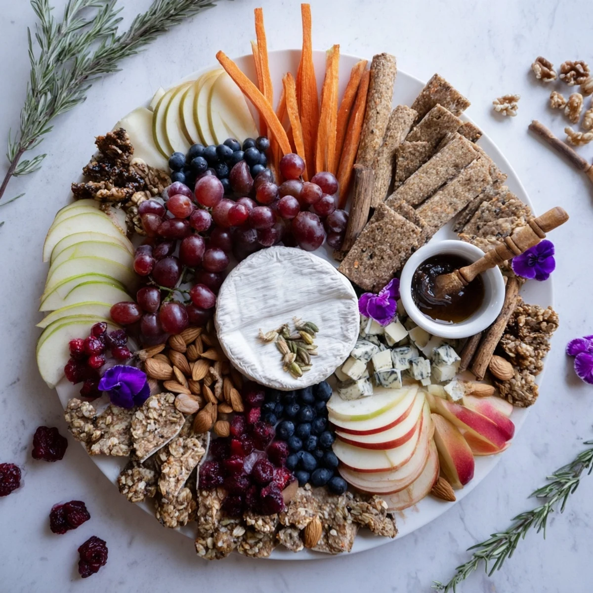 A charming Woodland Creature Cheese Platter arranged with colorful fruits and delicious cheeses.