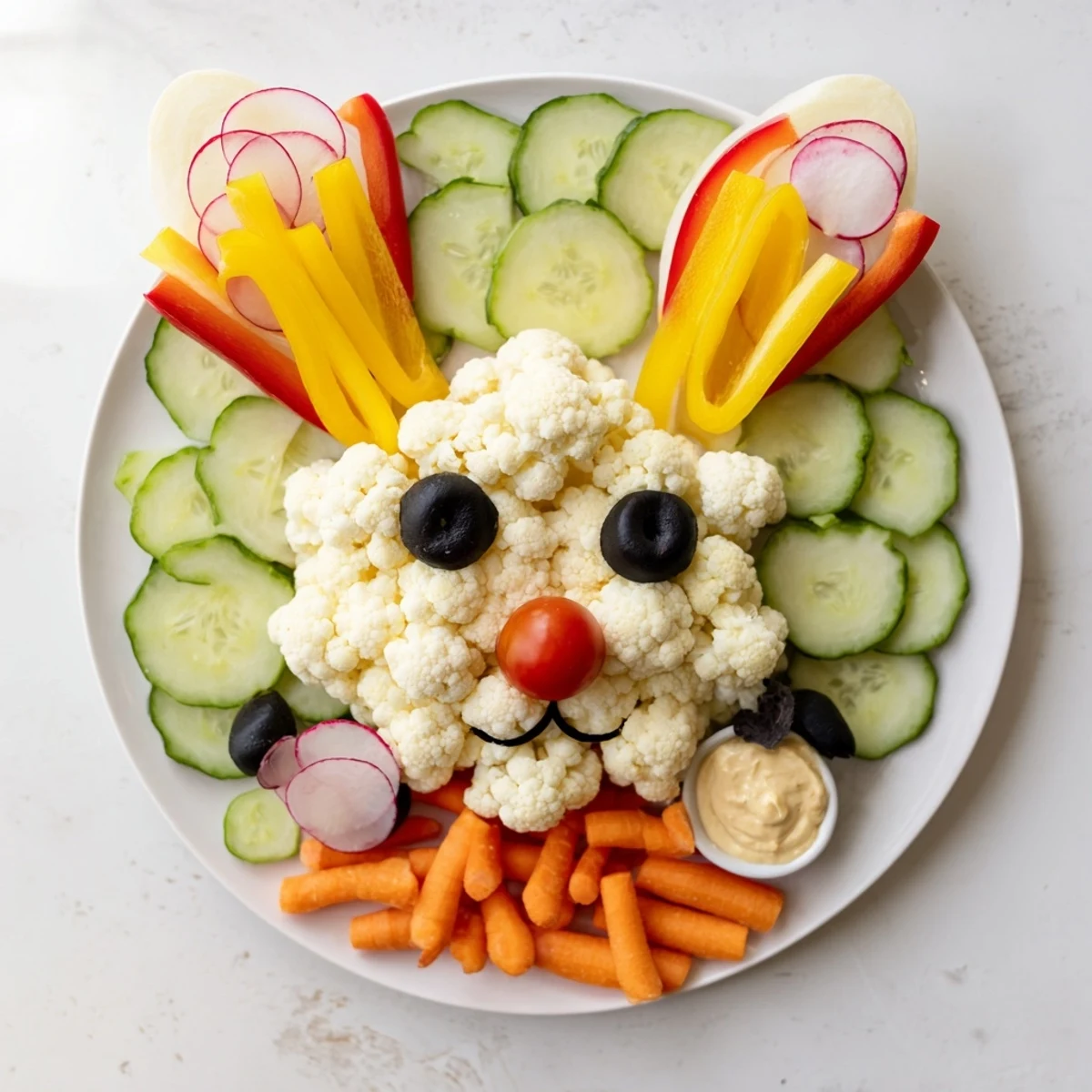 Colorful Bunny Meadow Veggie Board with fresh carrots, tomatoes, and broccoli, perfect for sharing.