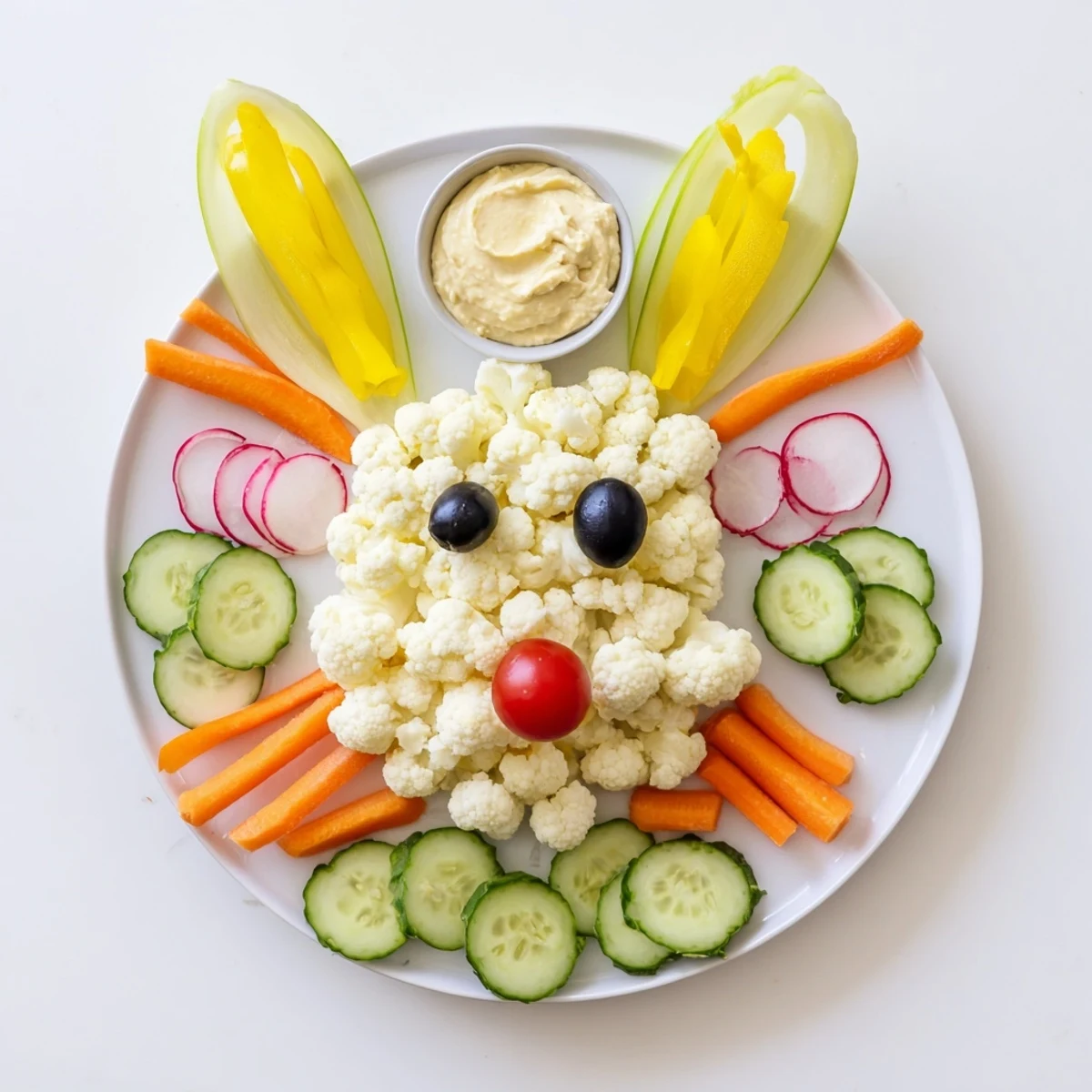 A spring-inspired Bunny Meadow Veggie Board, with a creamy dip, surrounded by vibrant raw vegetables.