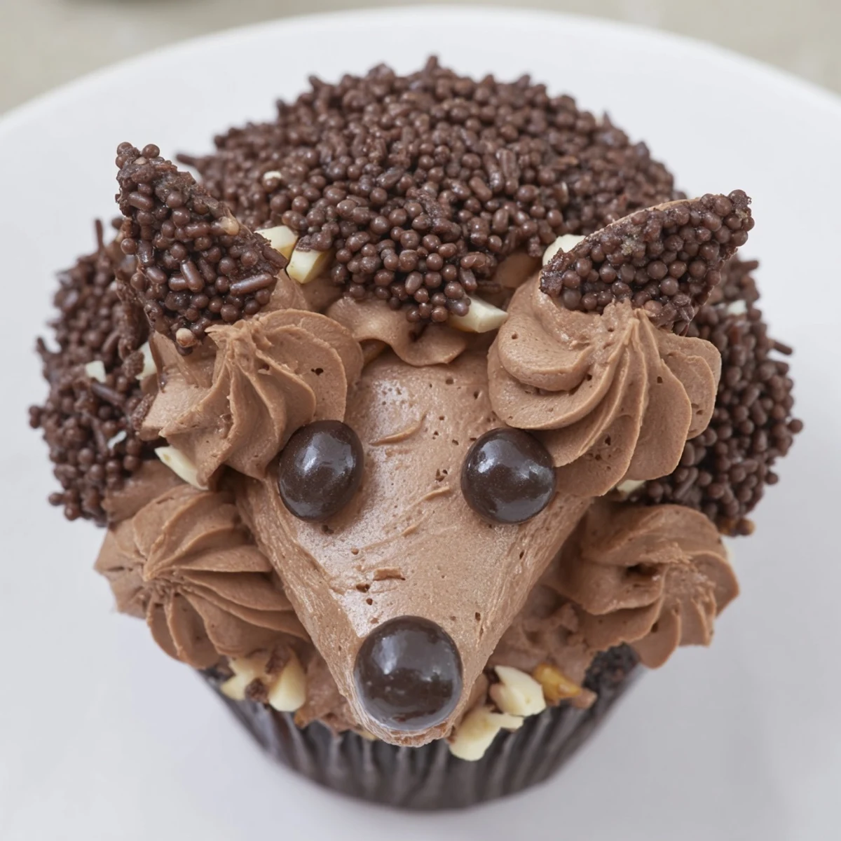 Chocolate hedgehog cupcake tower, a festive dessert, features buttercream frosting and chocolate sprinkles.