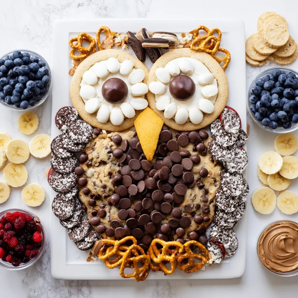 Chocolate sandwich cookies surround a whimsical Owl Hooting Dessert Board, ready to enchant guests with sweet treats.