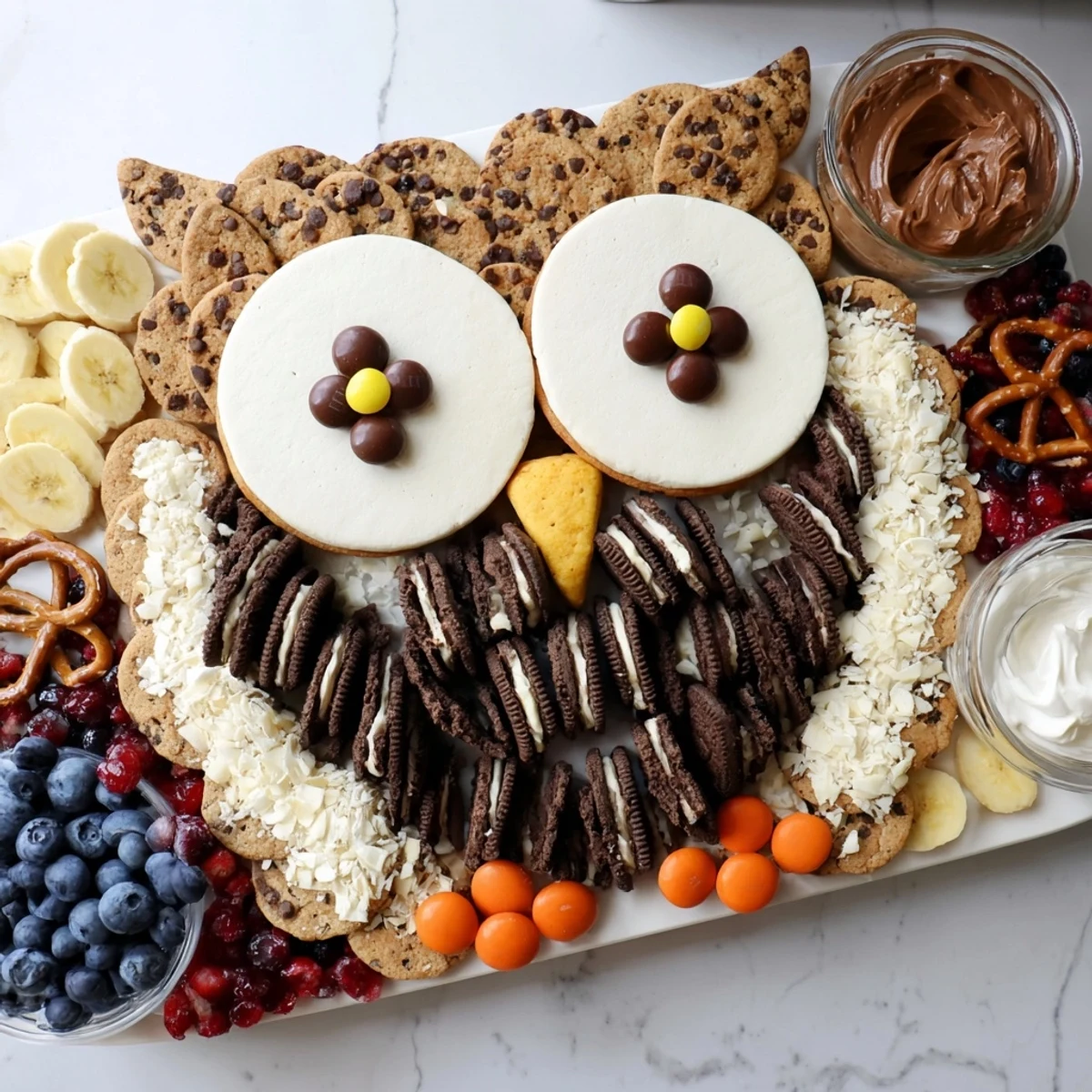 This unique Owl Hooting Dessert Board recipe displays playful arrangements of cookies, dips, and fruits for a fun theme.