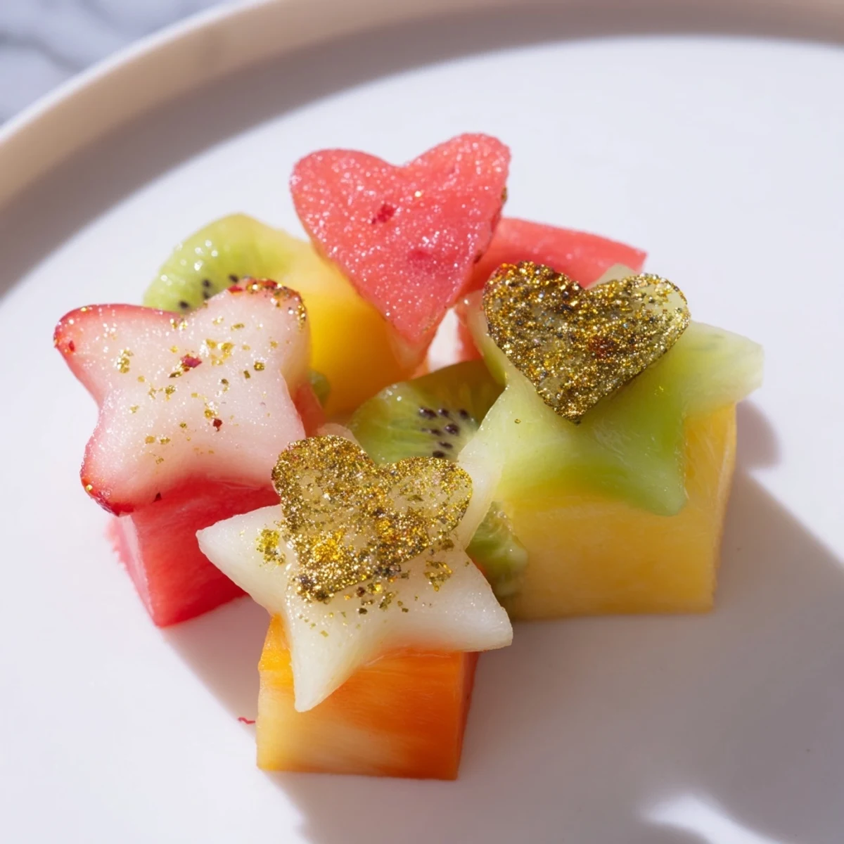 Festive Midnight Kiss garnishes: edible star and heart-shaped fruit floating in a sparkling cocktail.