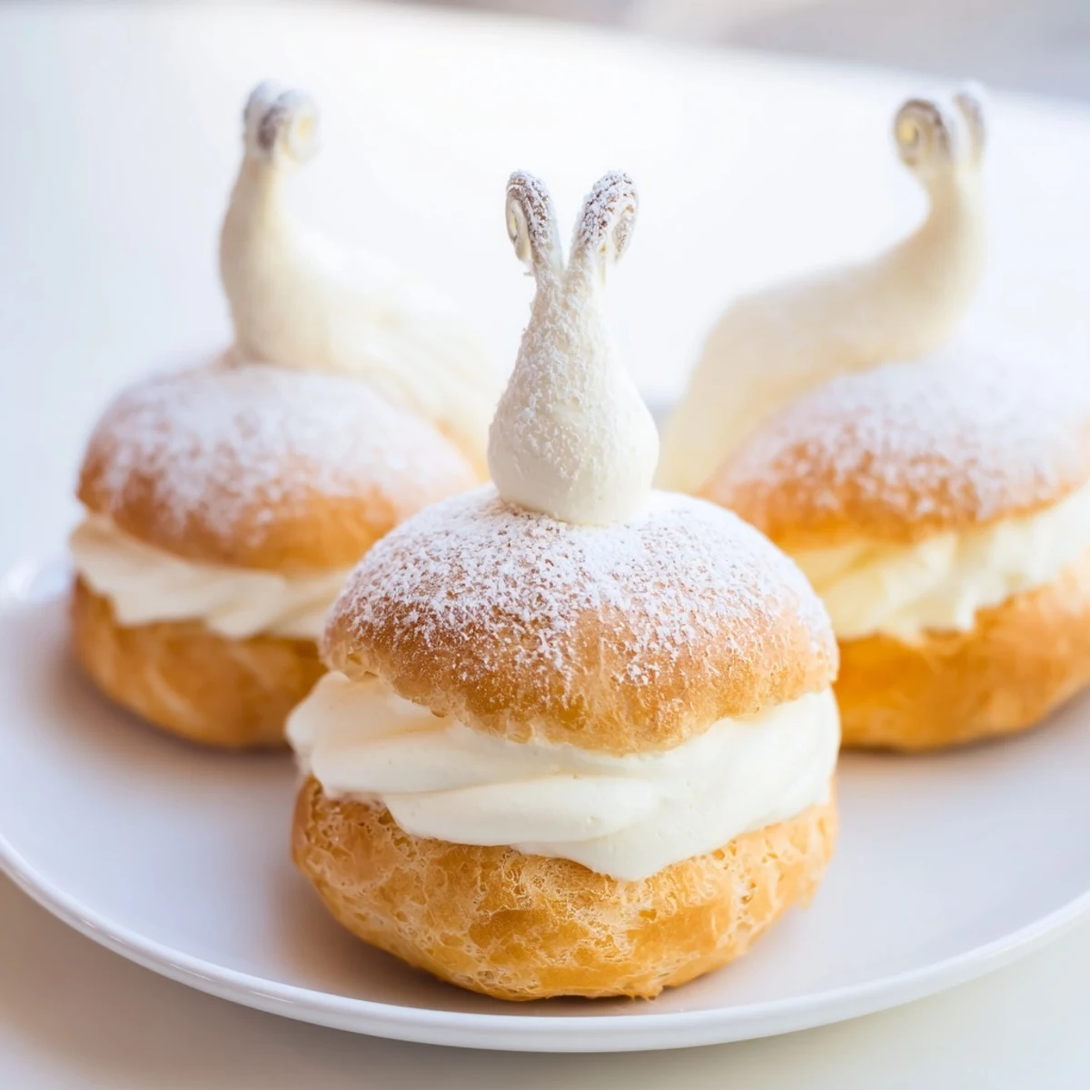 Golden Feathered Friend Swan Pastry Platter, filled with vanilla cream, ready for serving on a plate.