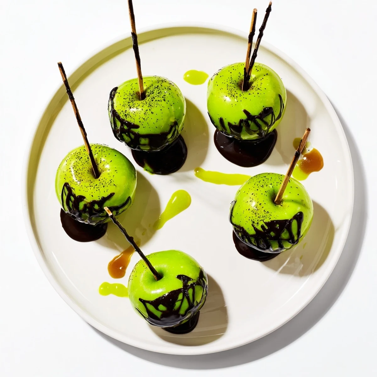 A Halloween treat board offers shining poison apples alongside colorful candies.