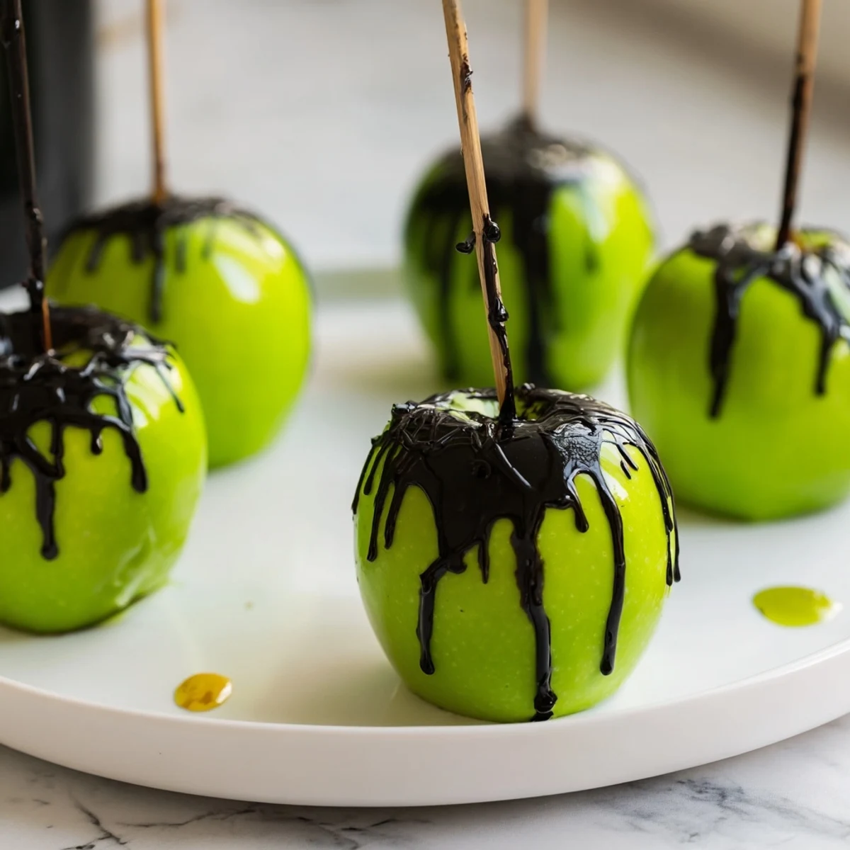 Bright red Halloween poison apples glisten on a dessert board filled with treats.