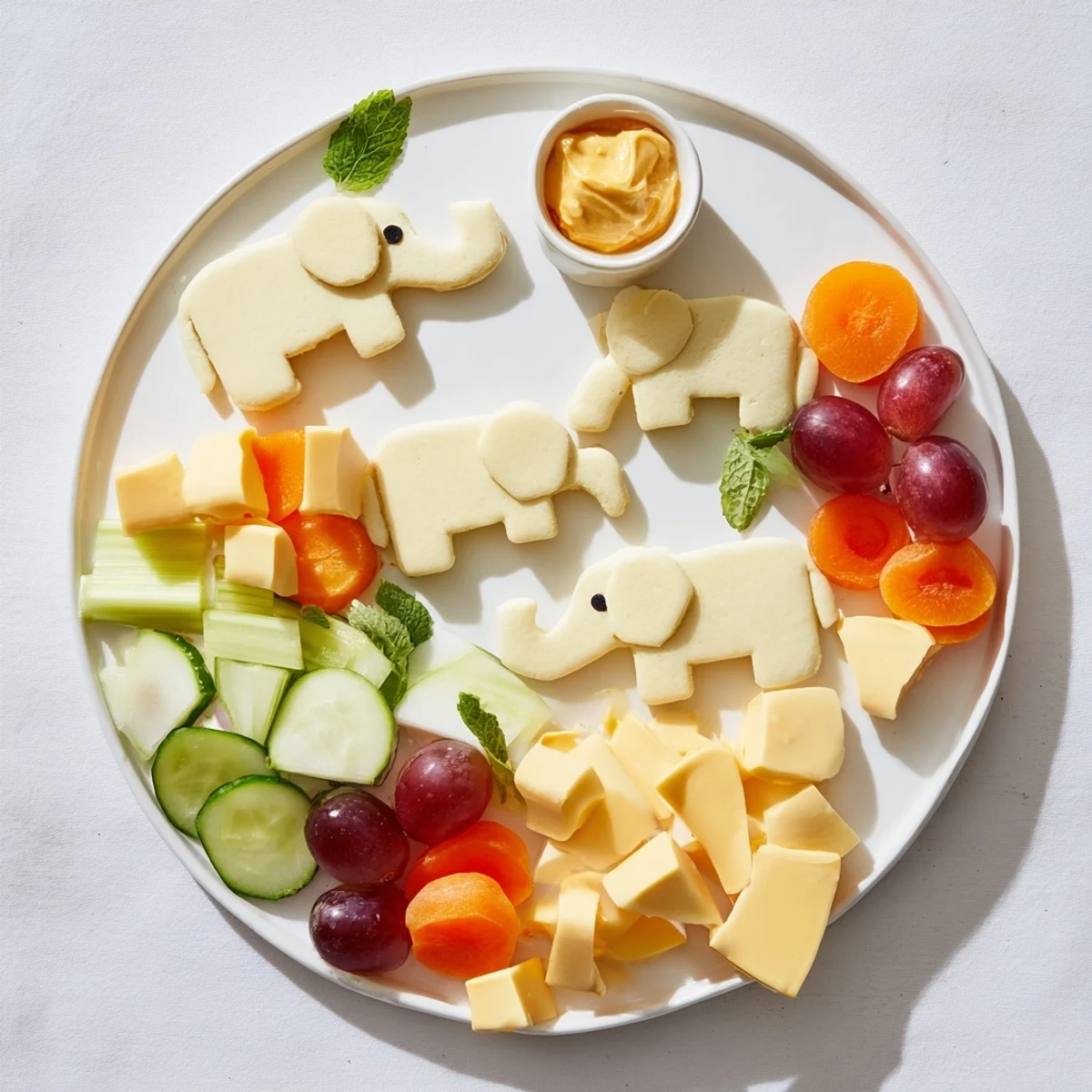 A delightful Gentle Giant Elephant Cracker Board overflowing with colorful fruits, cheeses, and dips.