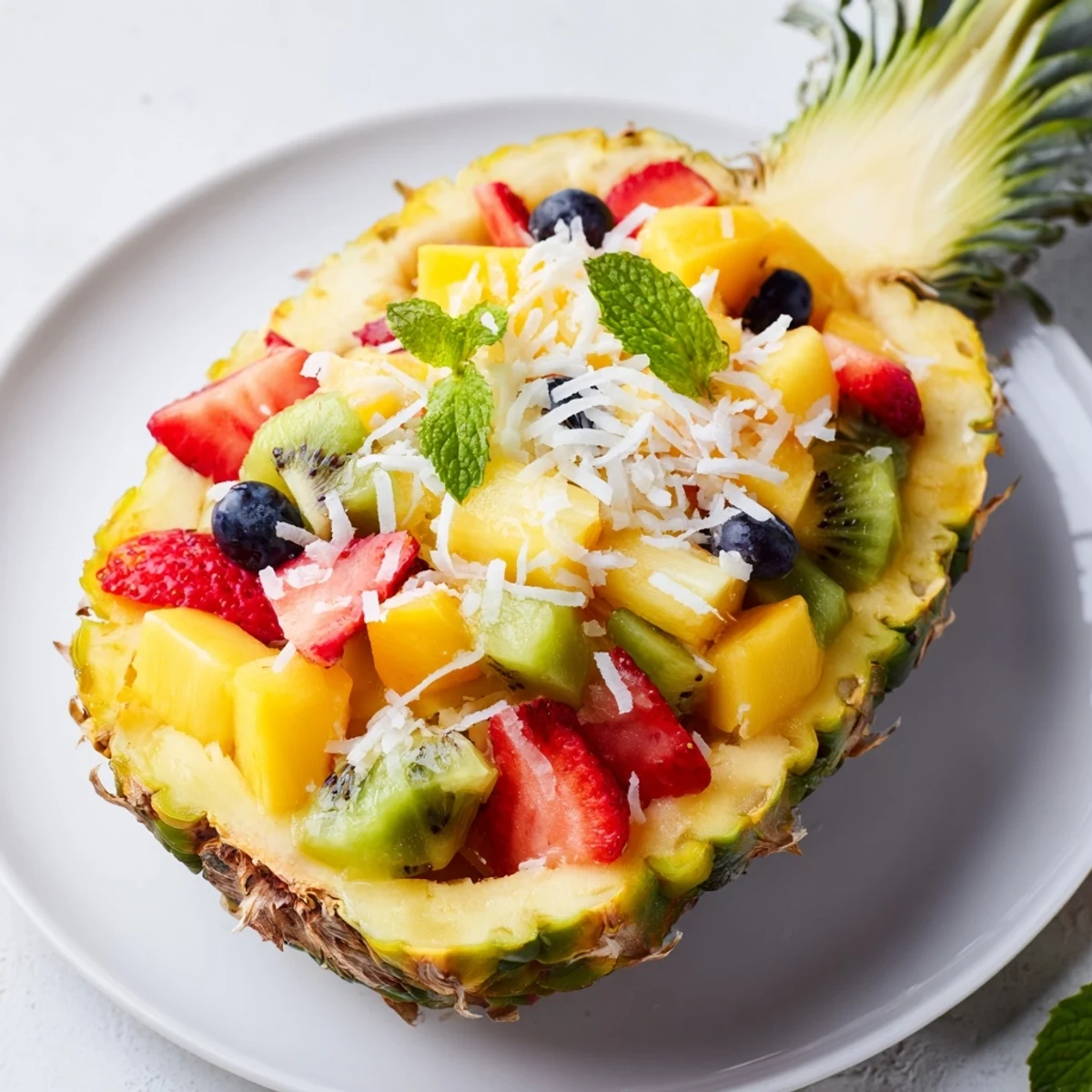 Tropical Bliss Pineapple Fruit Boat overflowing with colorful fresh fruit ready to be enjoyed.