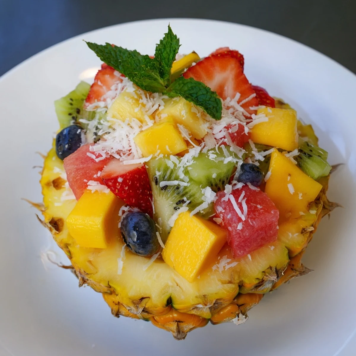 Vibrant Tropical Bliss Pineapple Fruit Boat filled with juicy mango, pineapple, and berries on a table.