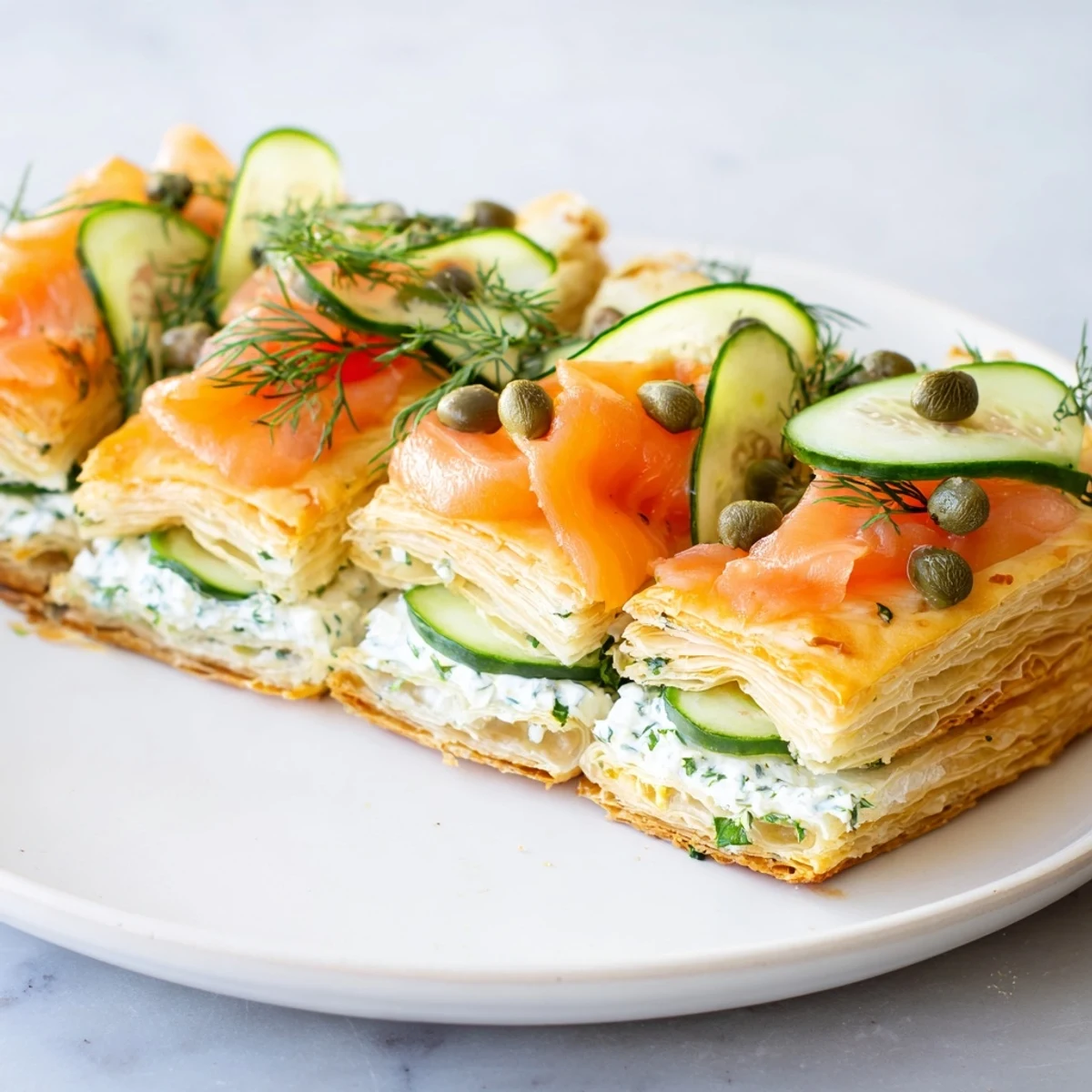 Festive Étoiles Filantes Assiette de Fin dAnnée: Golden puff pastry stars topped with smoked salmon, cream cheese, and dill.