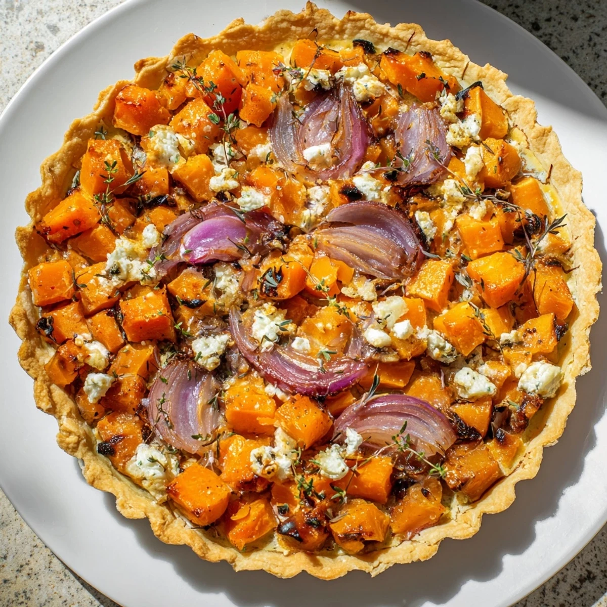 A golden Feuille d'Érable Tartes Salées d'Automne, showcasing a flaky crust and roasted vegetables.