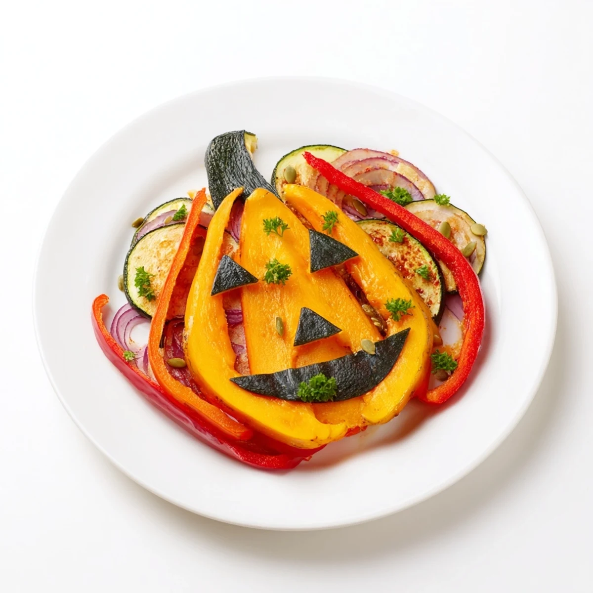 Roasted pumpkin arranged as a festive Halloween Lantern on a plate with colorful, roasted vegetables