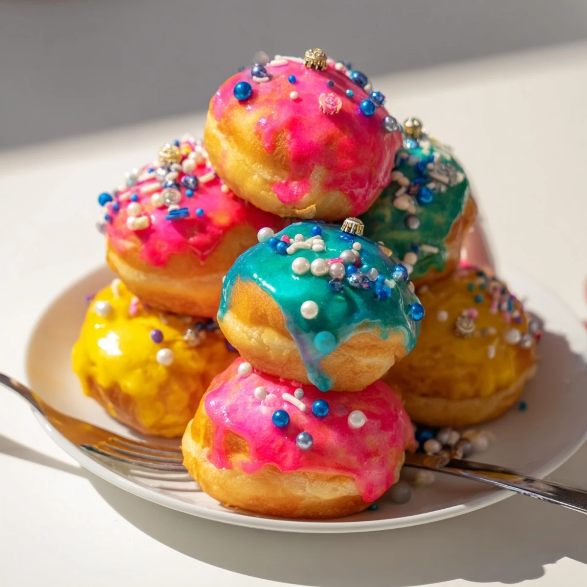 A plate piled high with colorful Christmas Ornament Beignets, dusted and decorated.