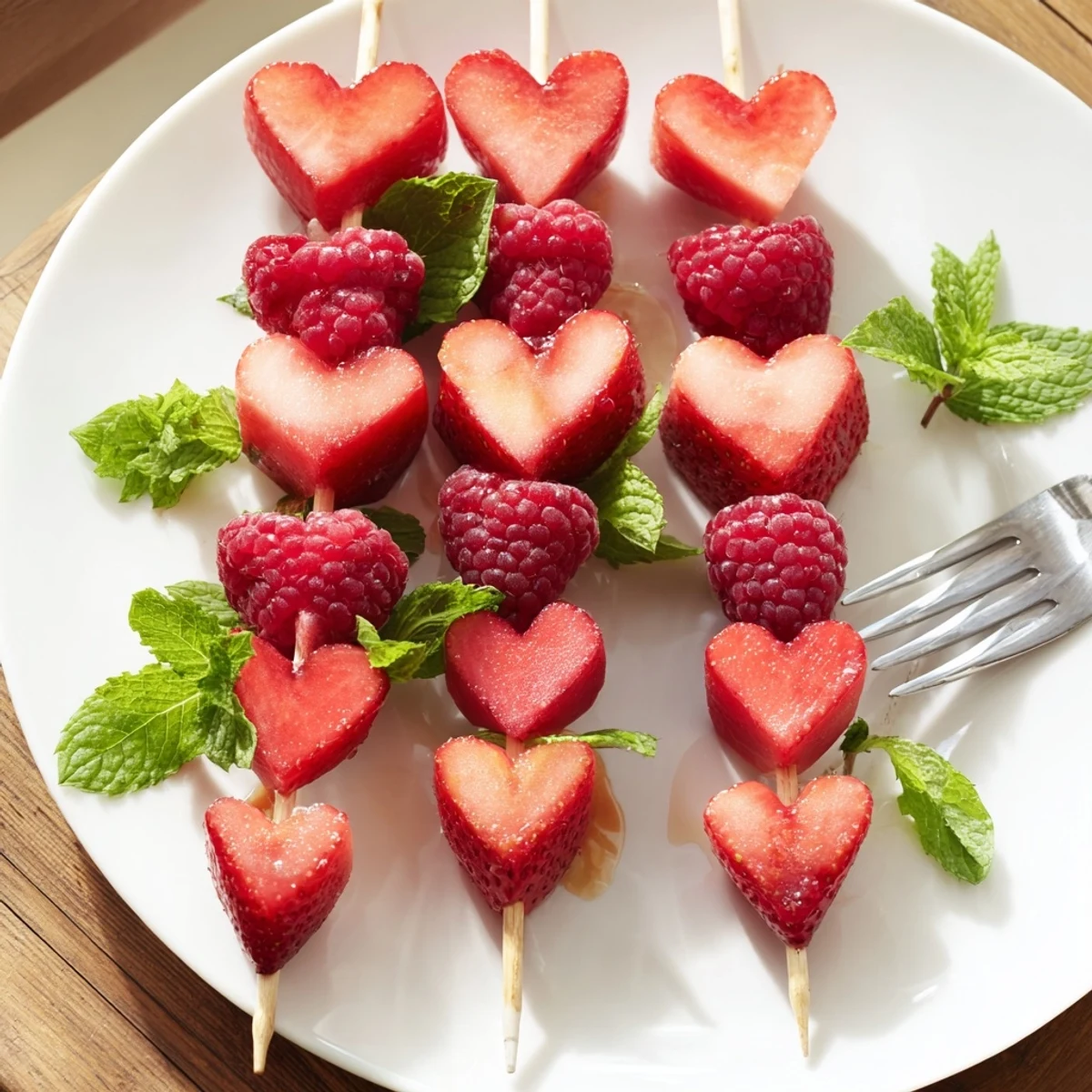 Fresh red heart fruit skewers arranged on a platter, showcasing a vibrant and healthy dessert.