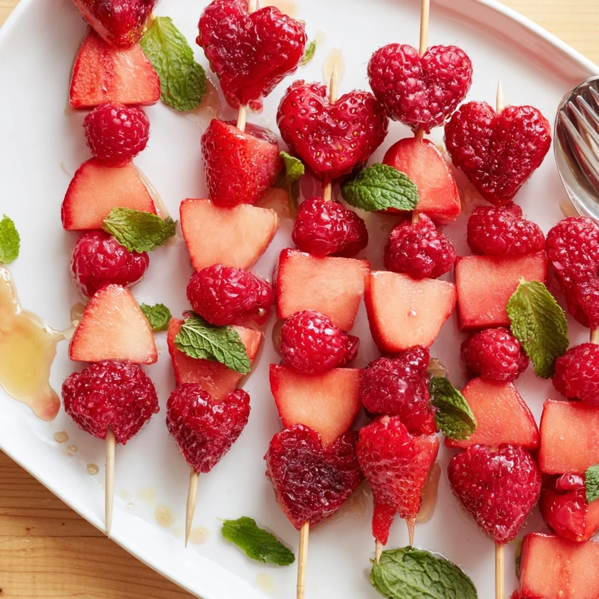 Close-up of heart-shaped strawberries and watermelon on skewers, making these red fruit skewers visually appealing.