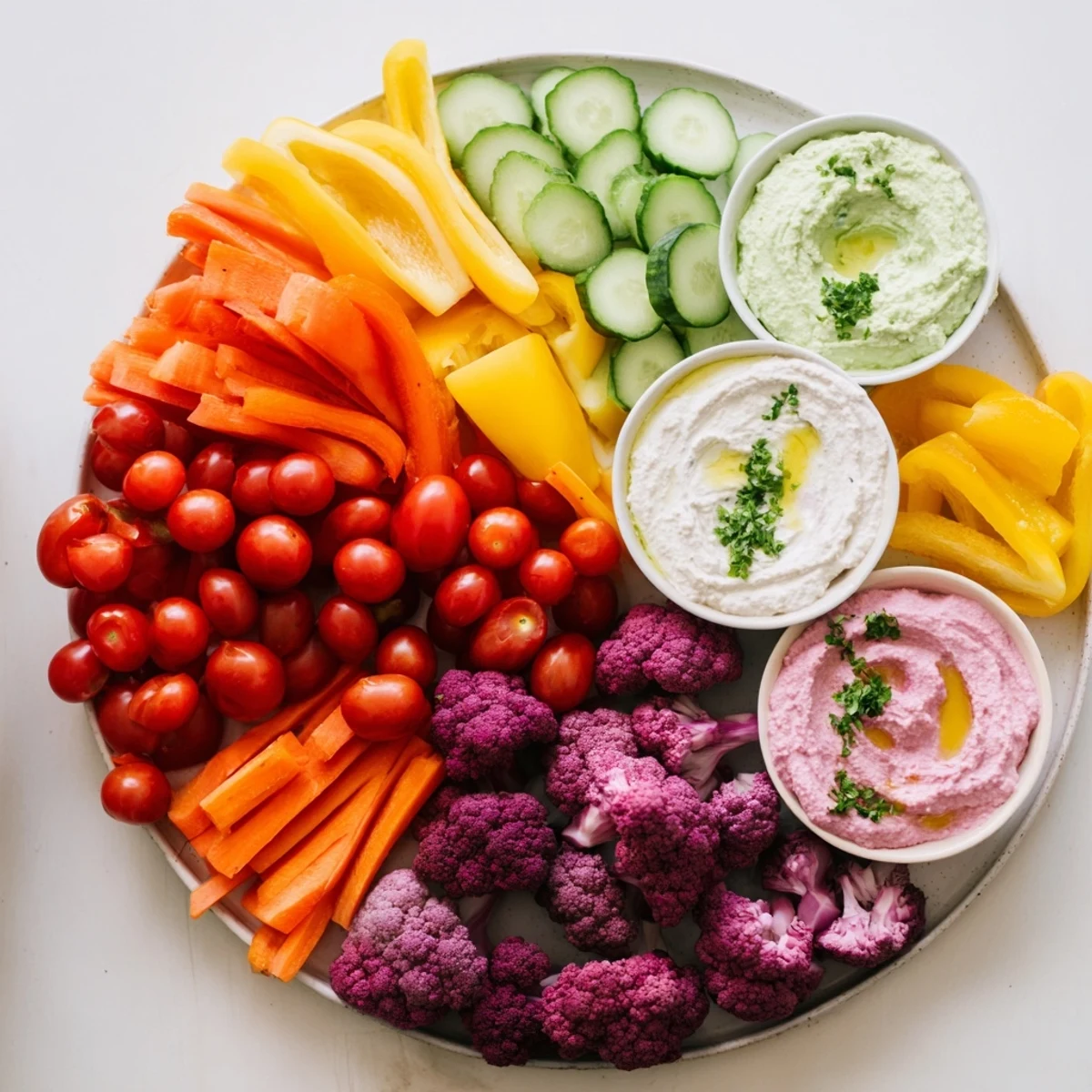 A vibrant, healthy appetizer featuring Rainbow Vegetable Dips with a rainbow of fresh, crisp vegetables.