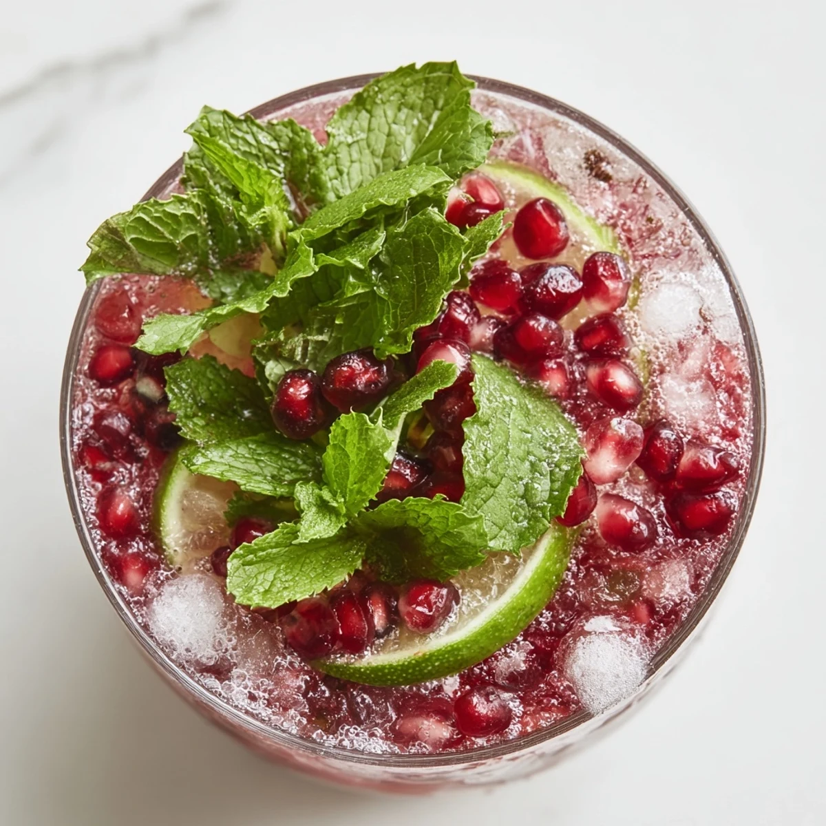 Bright red pomegranate seeds and lime slices adorn this refreshing Pomegranate and Mint Wreath beverage.