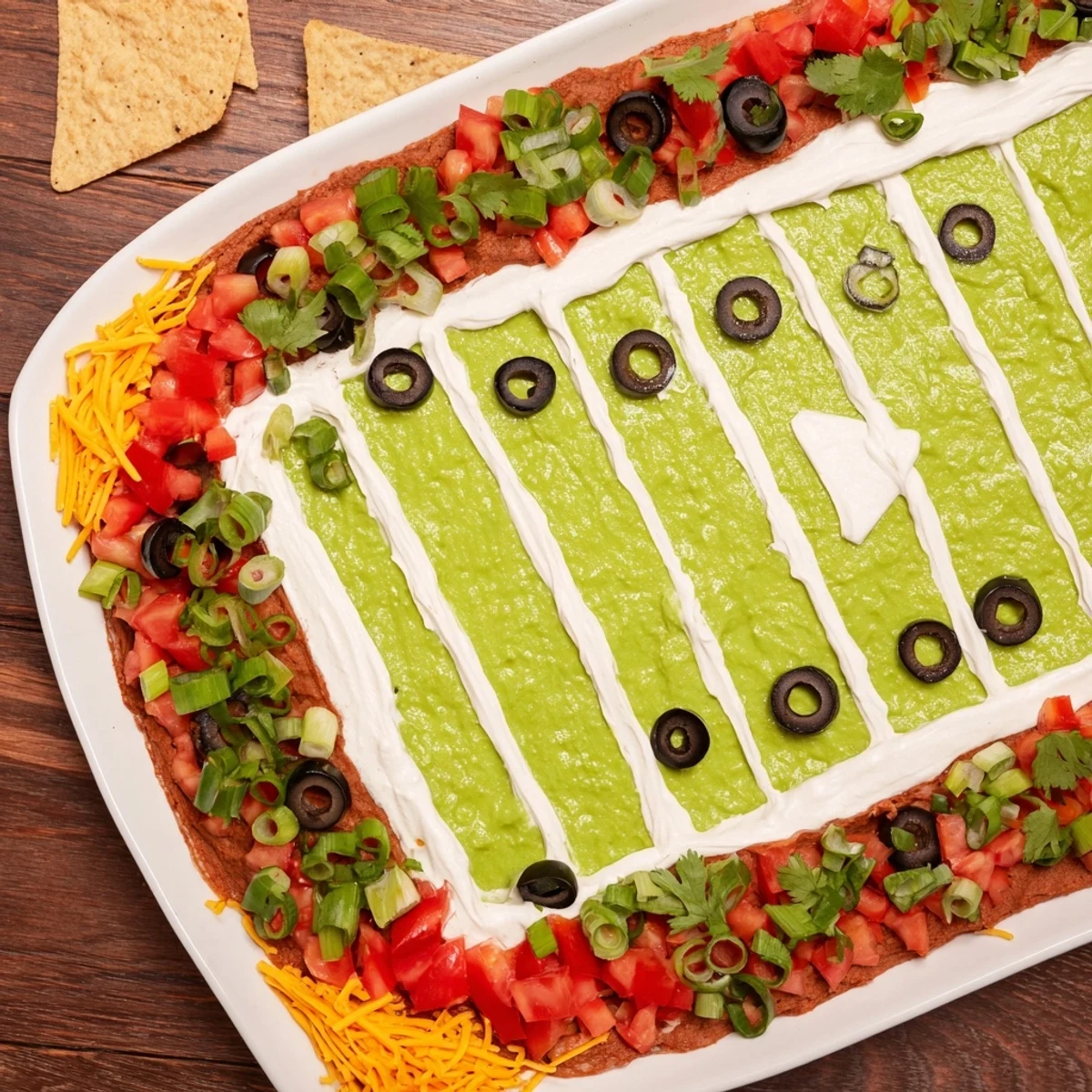 Football Field Dip Platter, a layered appetizer, features creamy layers and colorful toppings.